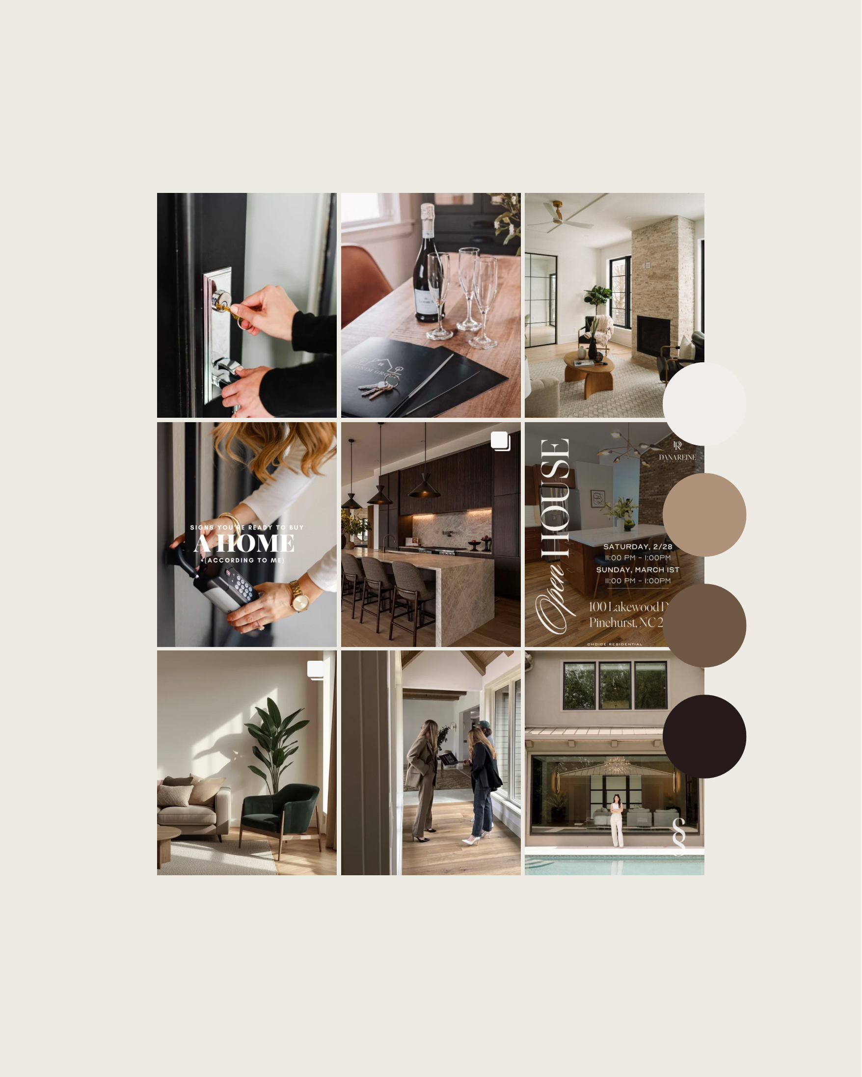 A collage of nine interior and lifestyle photos including a person unlocking a door, a table set with wine and glasses, a living room with a fireplace, a person reaching for a door lock, a modern kitchen with bar stools, a home open house sign, a living room with a sofa and plant, two women talking inside a house, and a woman by a pool.