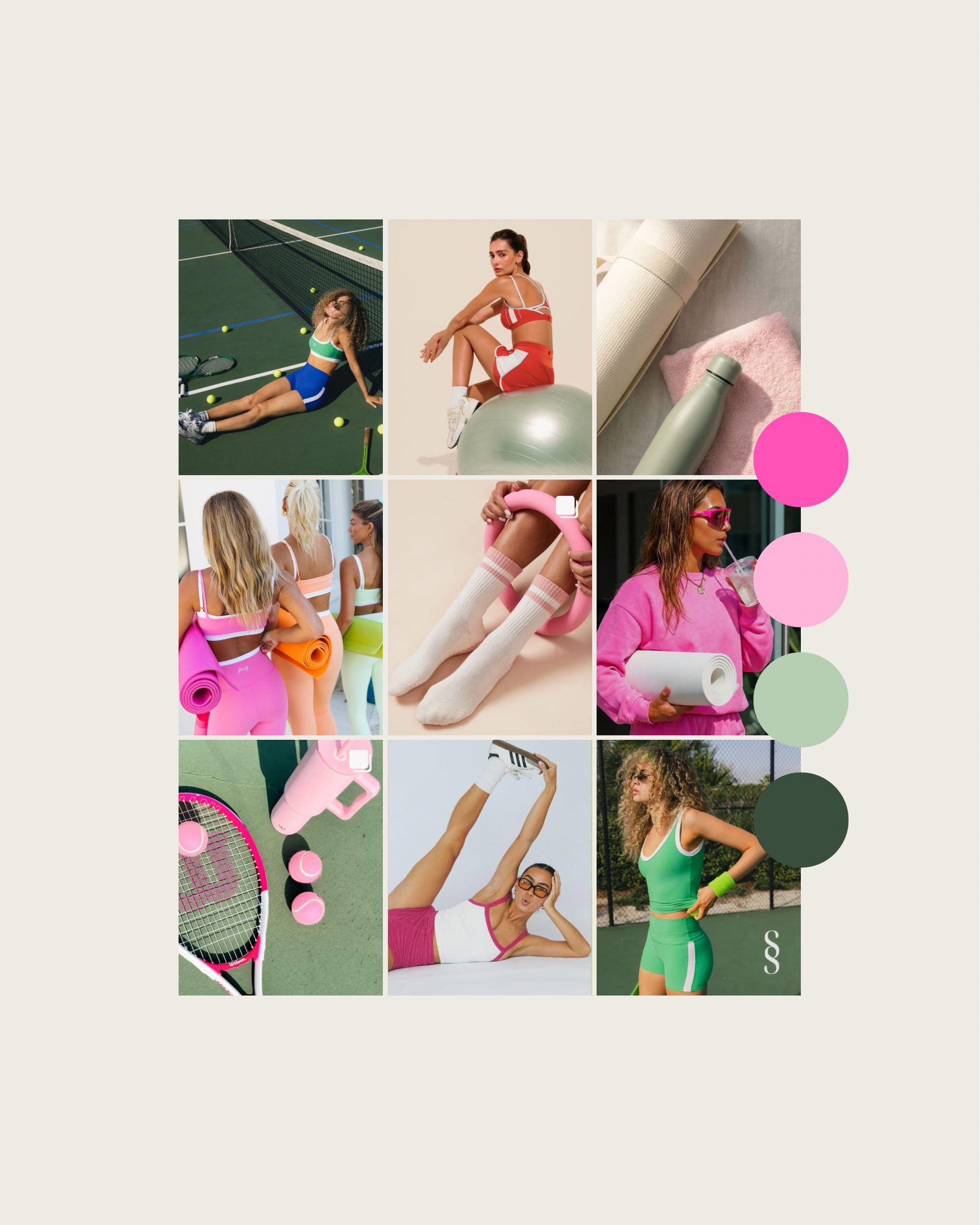 Collage of women engaging in various fitness and sports activities, surrounded by workout gear and accessories in vibrant colors.