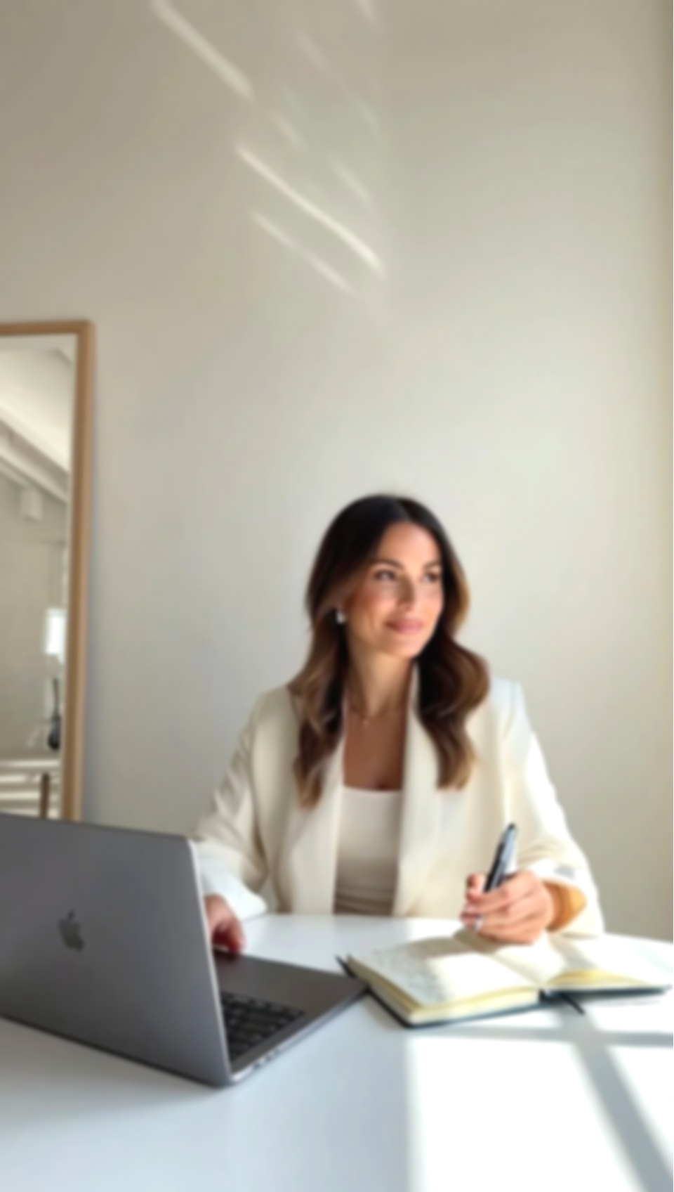 A woman sitting at a desk with an open laptop, notebook, and pen, in a bright office space.