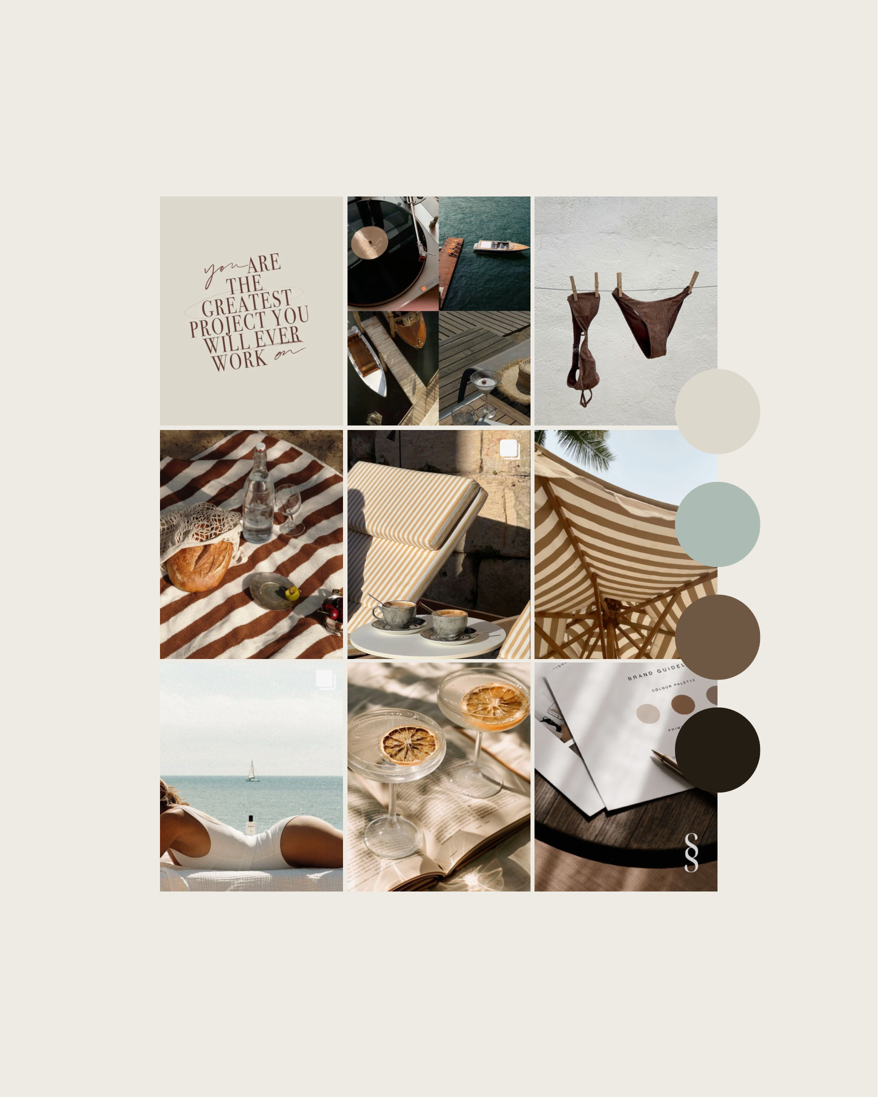 A collage of nine images featuring a beach scene, striped beach towel, drinking glasses with lemon slices, a lounge chair, a patterned umbrella, a close-up of a person's back at the beach, a bottle of water with glass, a vinyl record player, and a set of color swatches.