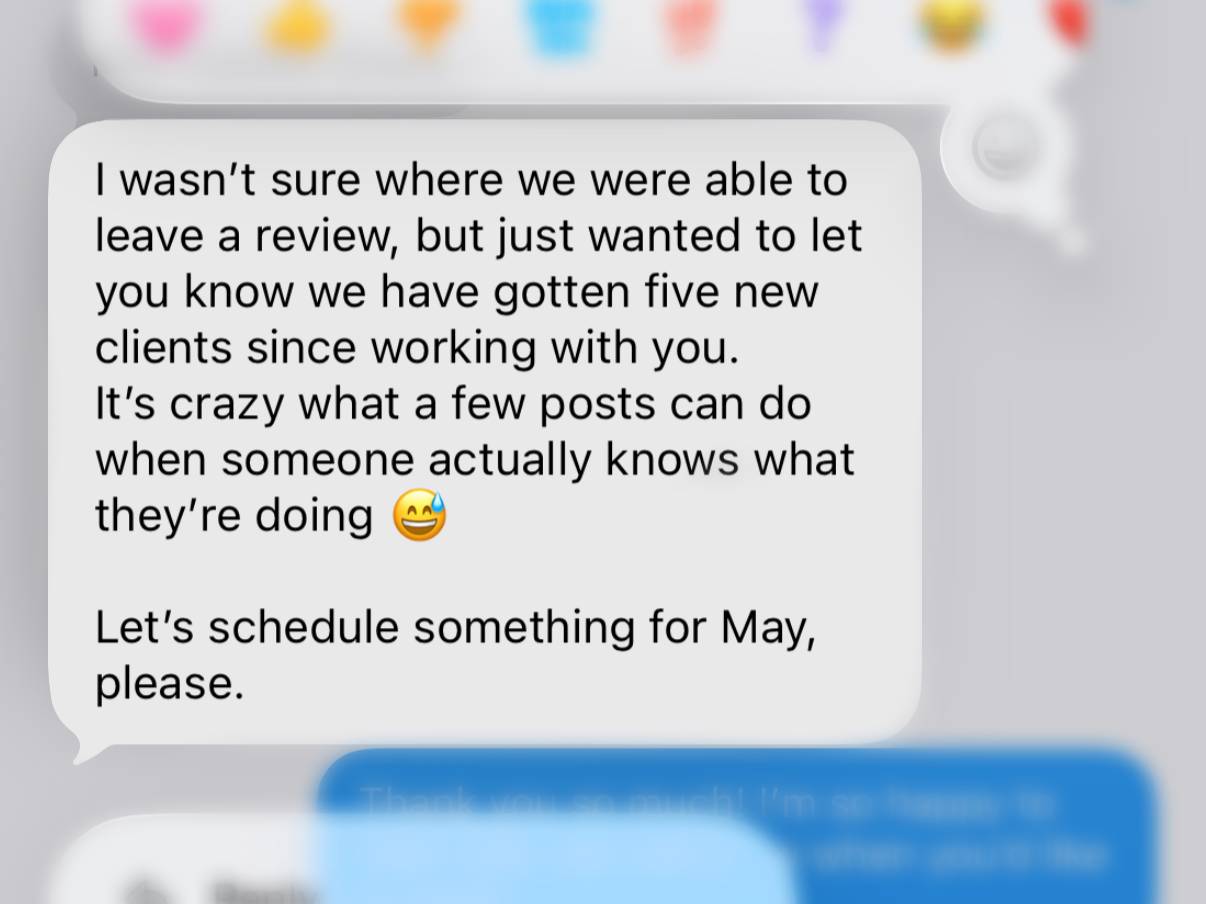A screenshot of a text message conversation about business success, mentioning gaining five new clients and planning to schedule something for May.