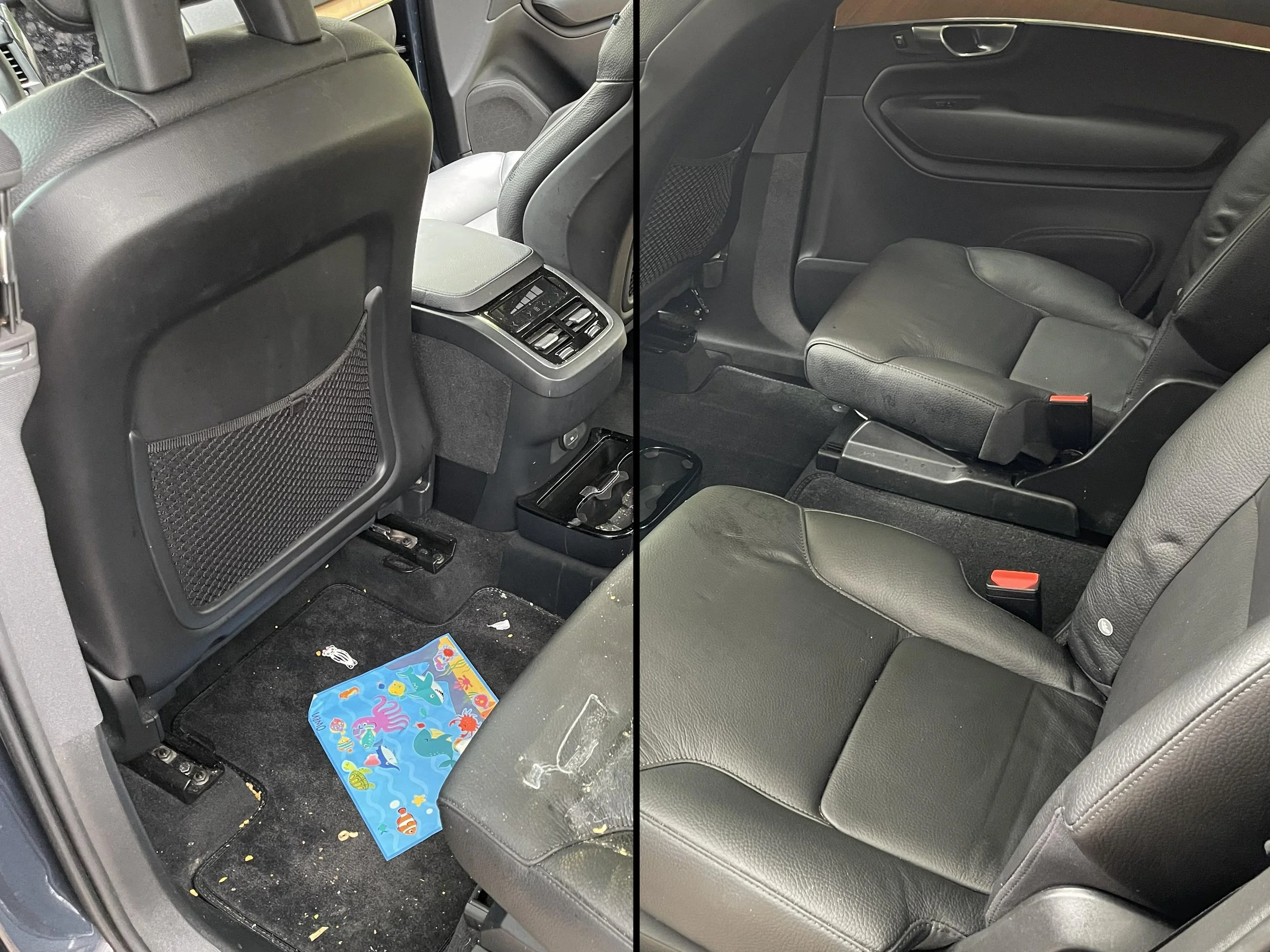 Side-by-side comparison of the back seat of a car before and after a detail. The left image shows the back seat area with debris, grime, and an open cup holder with some trash. The right image shows the same area cleaned and organized, with no trash.