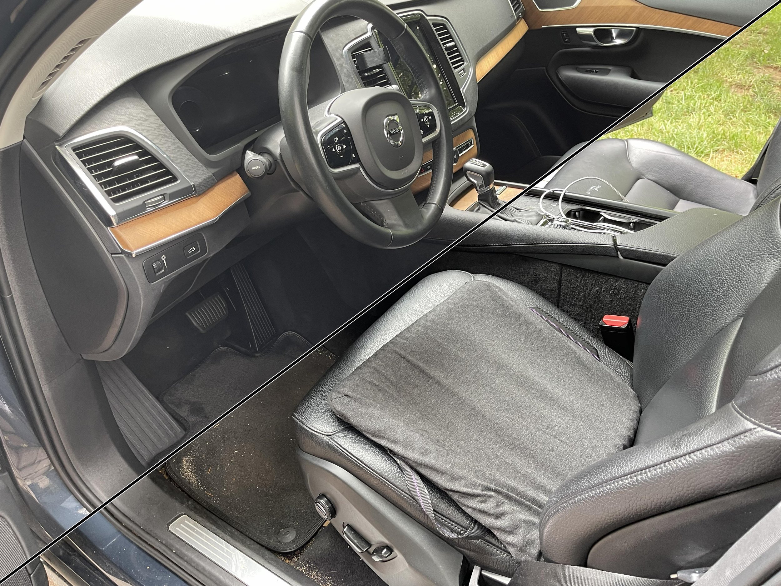 Split image showing the interior of a vehicle with the driver's side and passenger's side. The left side shows the dashboard, steering wheel, and interior trim, while the right side displays the passenger seat and center console, with the door open revealing grass outside.