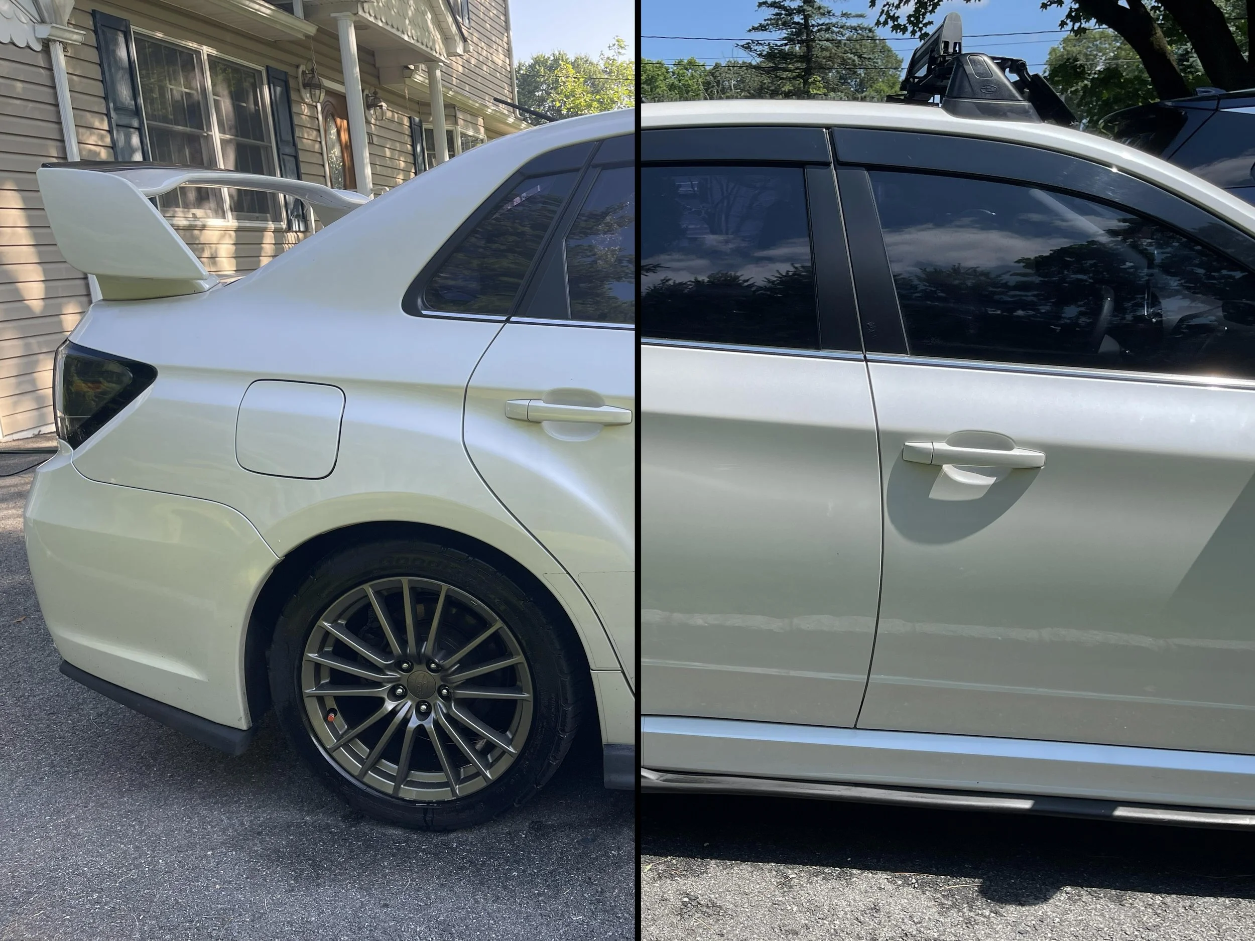 Side-by-side comparison of a car before and after detailing. The left side contains road grime while the right has shiny, glossy paint.