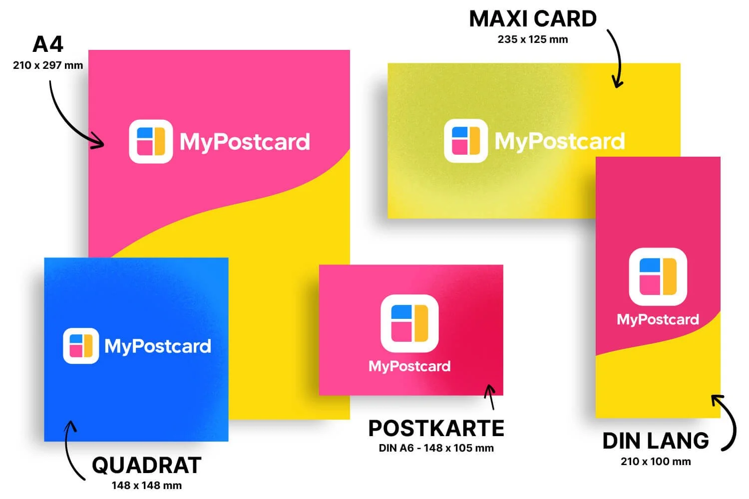 Vergleich verschiedener Postkarten-Formate und -Größen mit Beschriftungen: A4, quadratisch, Postkarte, Maxi Card, DIN lang, mit MyPostcard Logo.