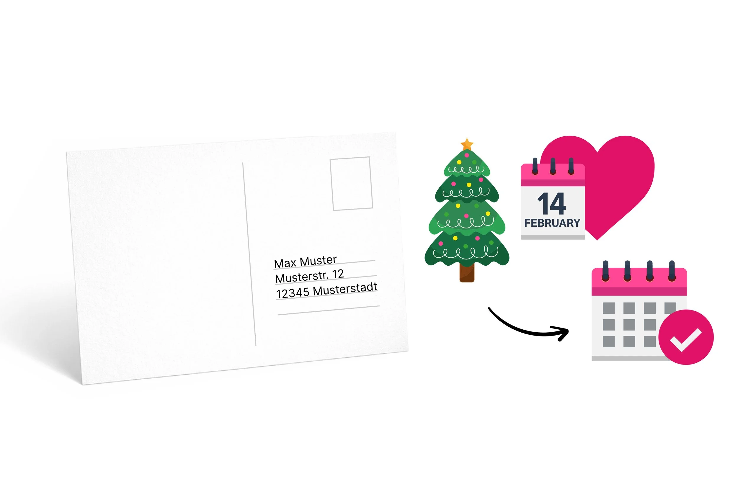 Illustration mit einem Brief, einem Weihnachtsbaum, einem Kalender mit dem Datum 14. Februar, einem Herz und einem Kalender-Icon, das zeigt, dass eine Aktion ausgeführt werden soll.