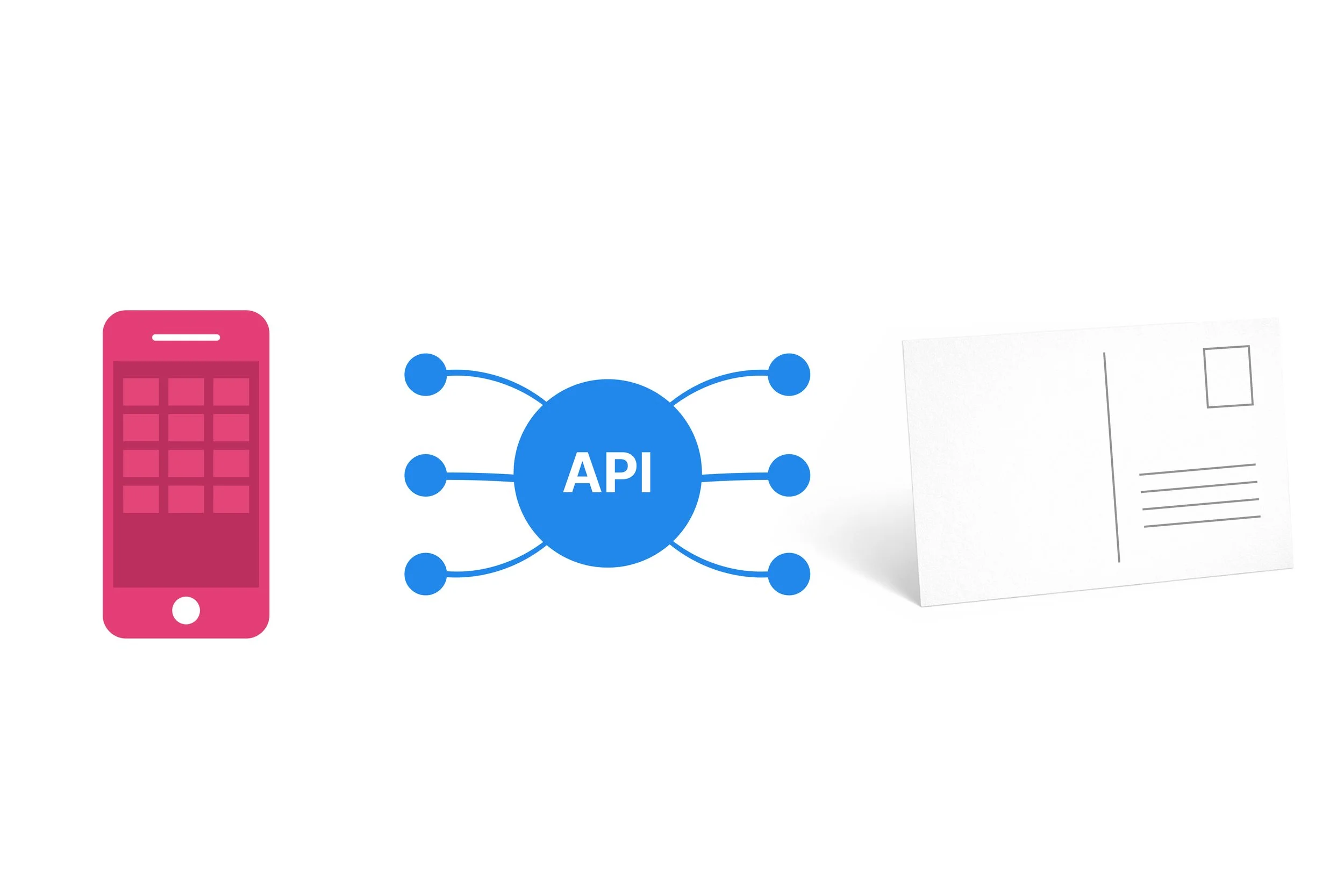 Grafik mit einem blauen Kreis mit der Aufschrift API, verbunden mit mehreren kleinen blauen Kreisen, ein pinkes Smartphone auf der linken Seite und ein Whiteboard mit Diagrammen auf der rechten Seite.