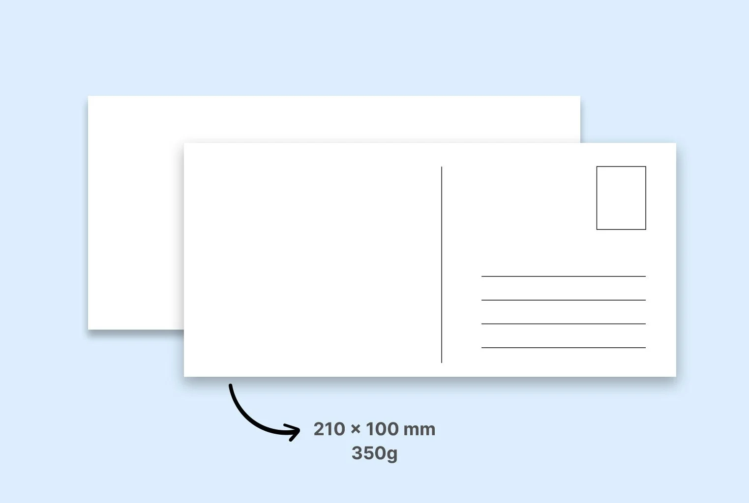 Rückseite einer Postkarte mit Maßen 210 x 100 mm und Gewicht 350g, und ihre Vorderseite zeigt Platz für Text und Adresse, inklusive einem rechteckigen Bereich für eine Briefmarke.