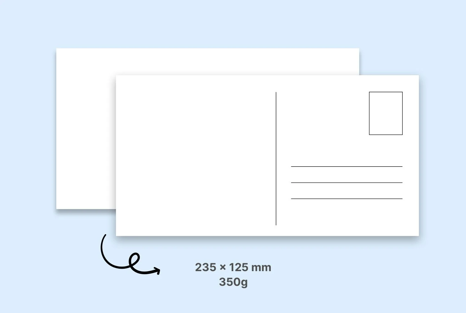 Vorder- und Rückseite eines weißen Postkartens mit den Maßen 235 x 125 mm und einem Gewicht von 350g. Die Rückseite zeigt Platz für eine Adresse, eine markierte Stelle für einen Stempel und Linien für den Text.