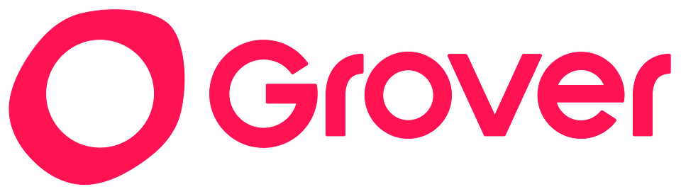 Das Logo der Marke 'Grover' in Pink mit einem großen Kreis auf der linken Seite.