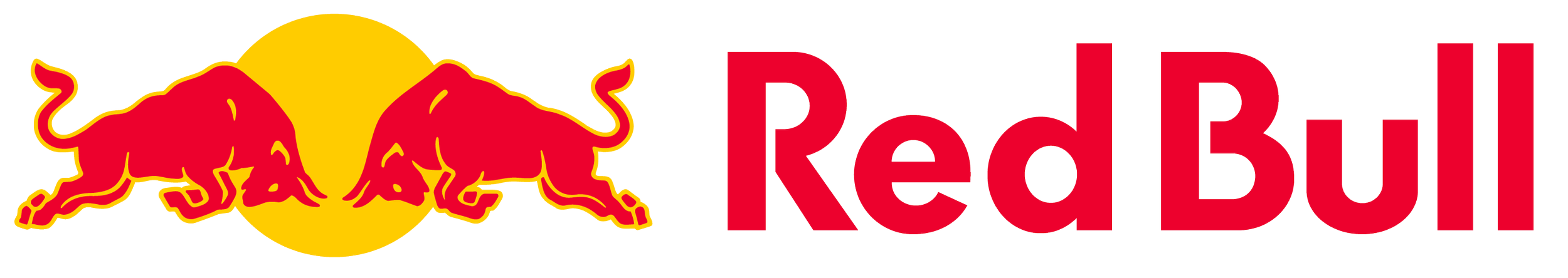 Das Logo von Red Bull, bestehend aus zwei rot angemalten Stieren, die auf ein gelbes Kreiselement zusteuern, mit dem Text 'Red Bull' in roter Schrift rechts daneben.