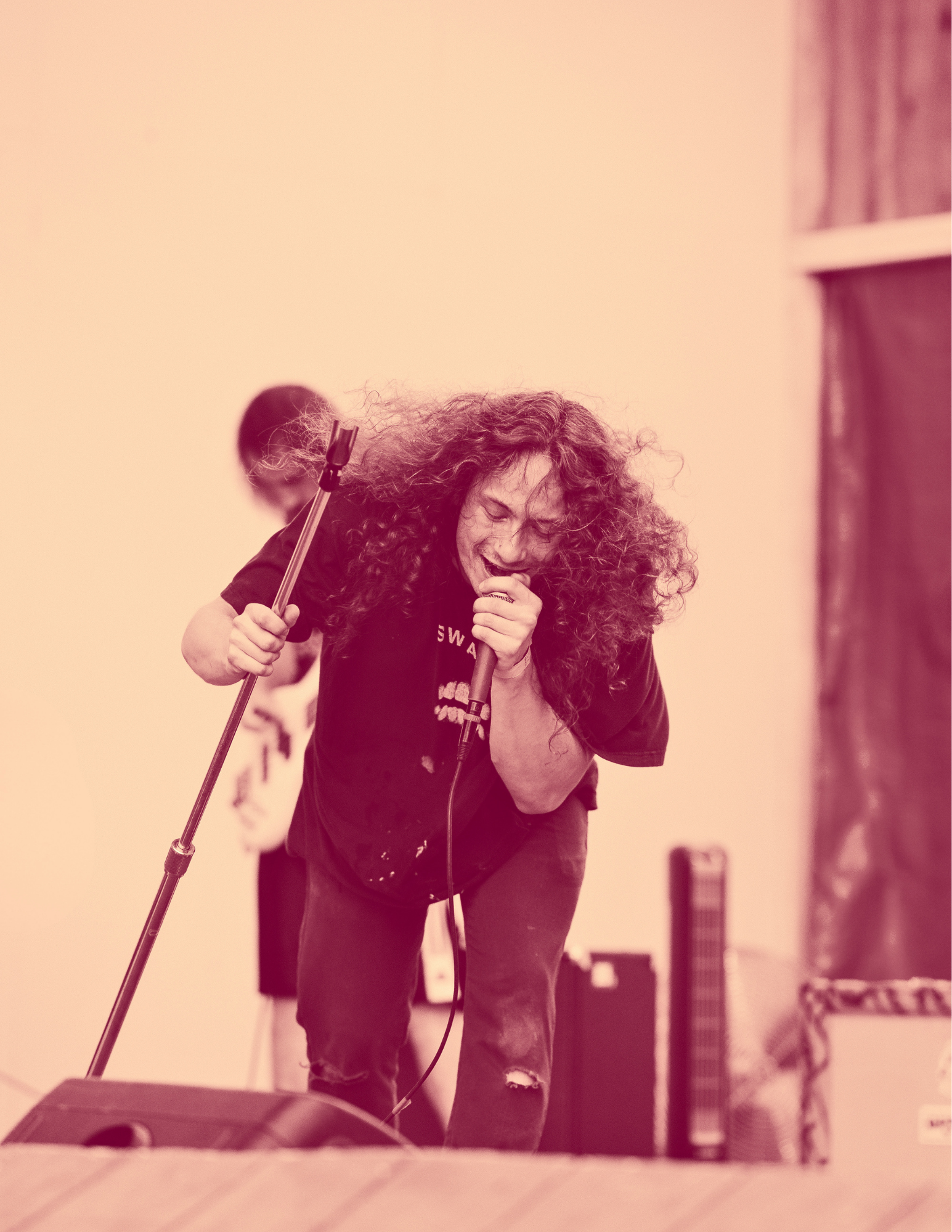 A man with curly hair singing passionately into a microphone with a person playing bass in the background.