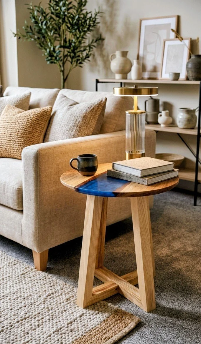Living room with a beige sofa, textured throw pillows, a wooden side table with a blue resin inlay, books, and a gold lamp, against a backdrop of a black shelf with vases and artwork, and a large green plant in the corner.