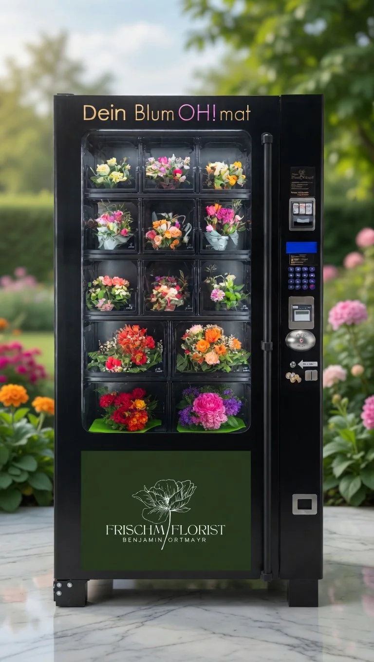 Blumengeldautomat mit bunten Blumensträußen vor einem Garten