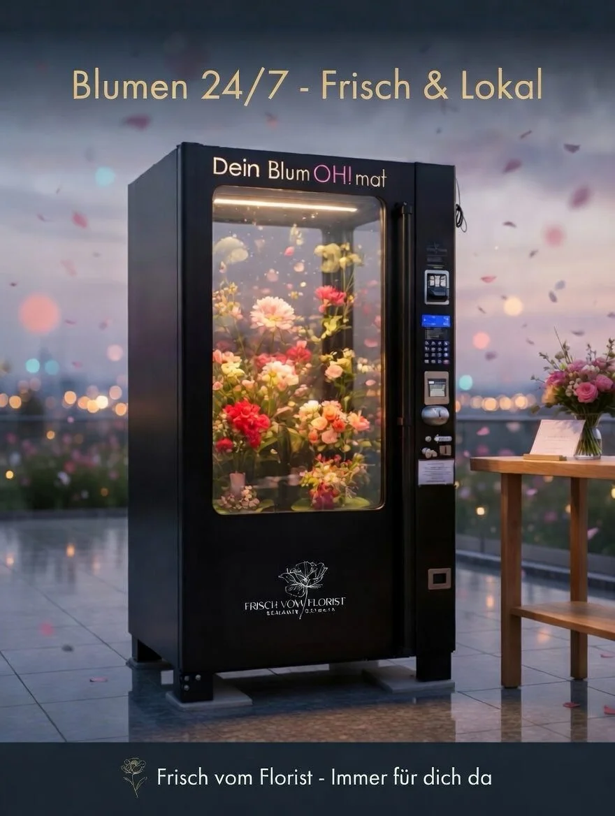 Verkaufsautomat mit Blumen, im Hintergrund Stadtansicht bei Sonnenuntergang, Text: "Blumen 24/7 - Frisch & Lokal", rechts daneben ein Blumenstrauß auf einem Tisch, branding: "Frisch vom Florist".