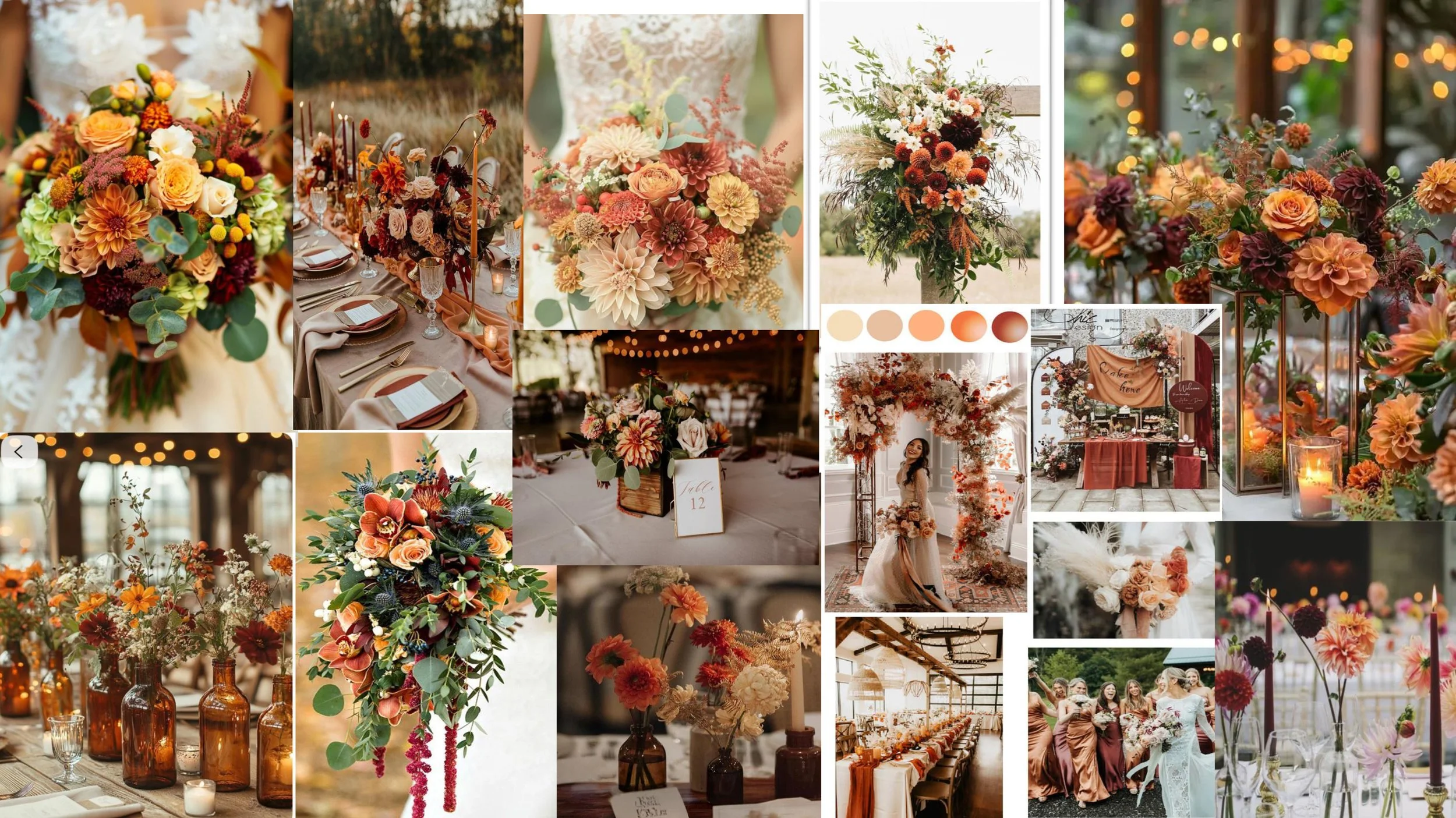 Mood board of autumn wedding floral arrangements, bouquets, tablescapes, ceremony decor, and warm orange, burgundy, peach, and cream styling