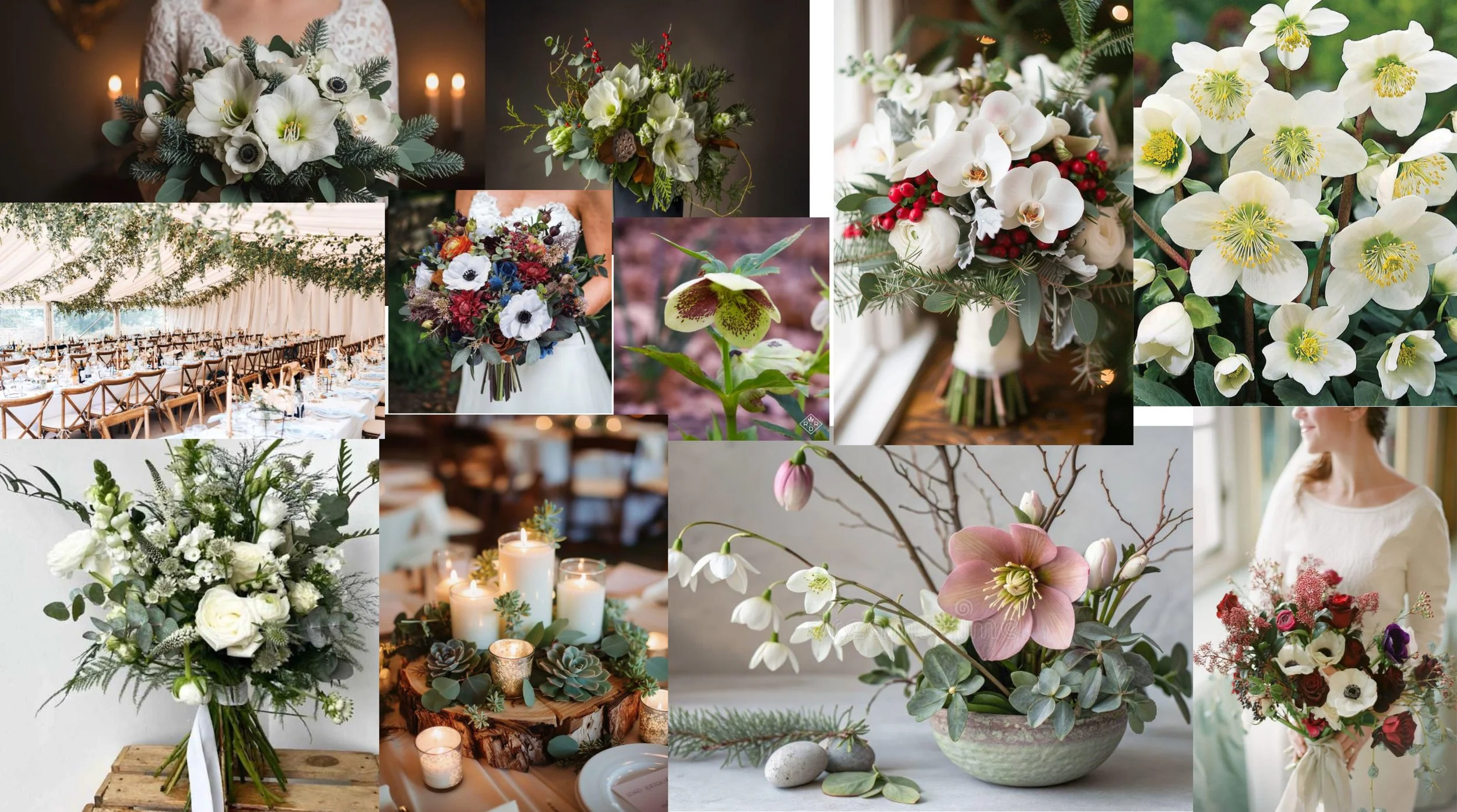 Collage of winter wedding flowers, bridal bouquets, white hellebore blossoms, candlelit wedding decor, reception tables, and a bride holding a colorful bouquet