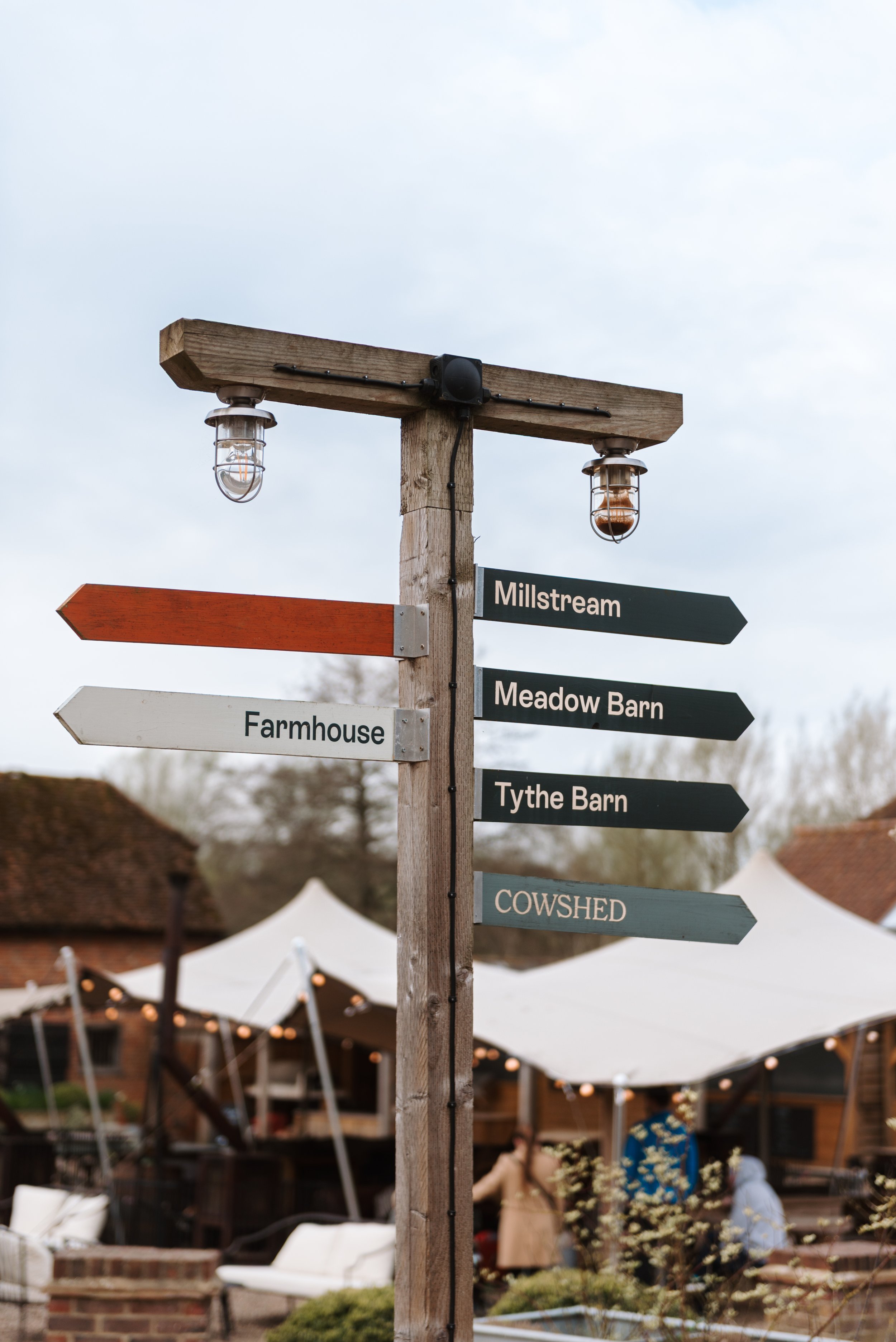 Rustic wooden signpost with lanterns directing visitors to Millstream, Meadow Barn, Farmhouse, Tythe Barn, and Cowshed.
