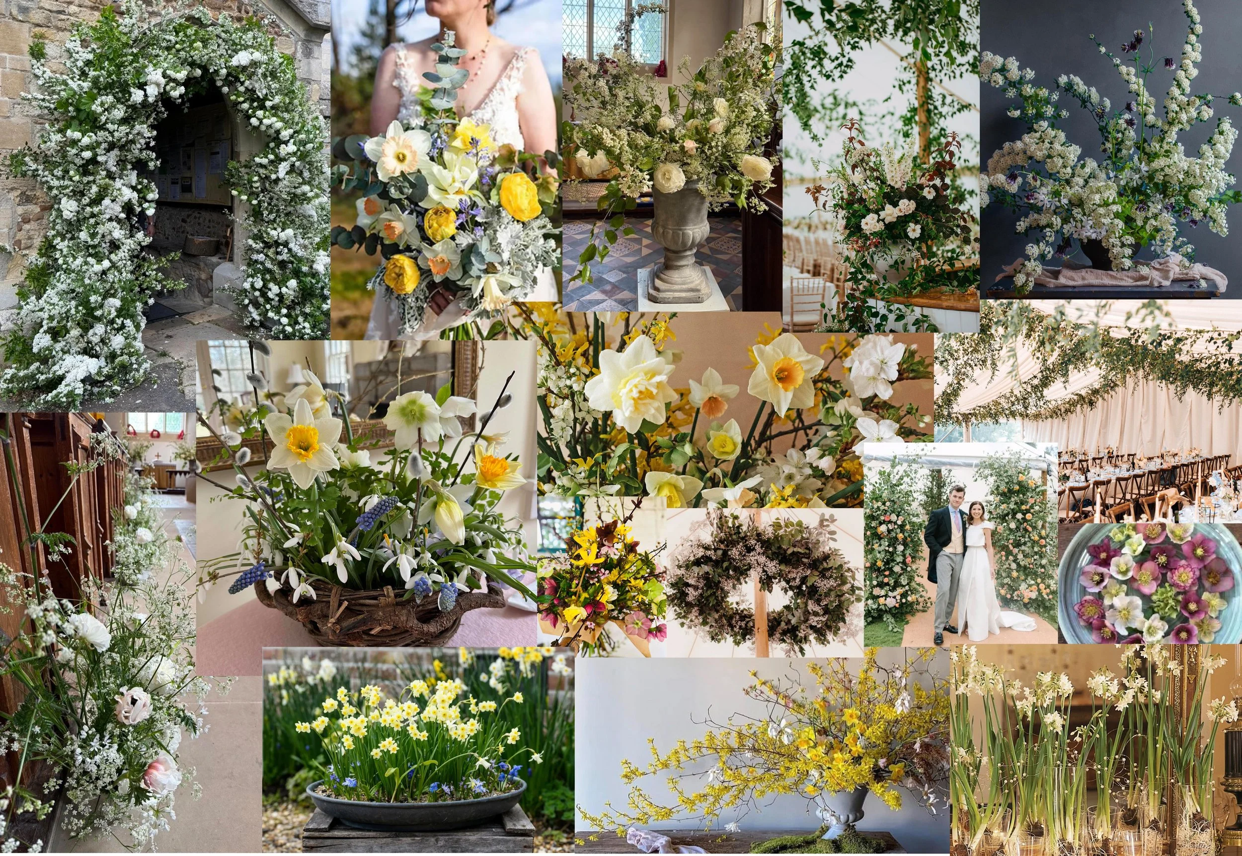 Collage of spring wedding flowers, floral arrangements, ceremony decor, and a bride and groom in a garden setting