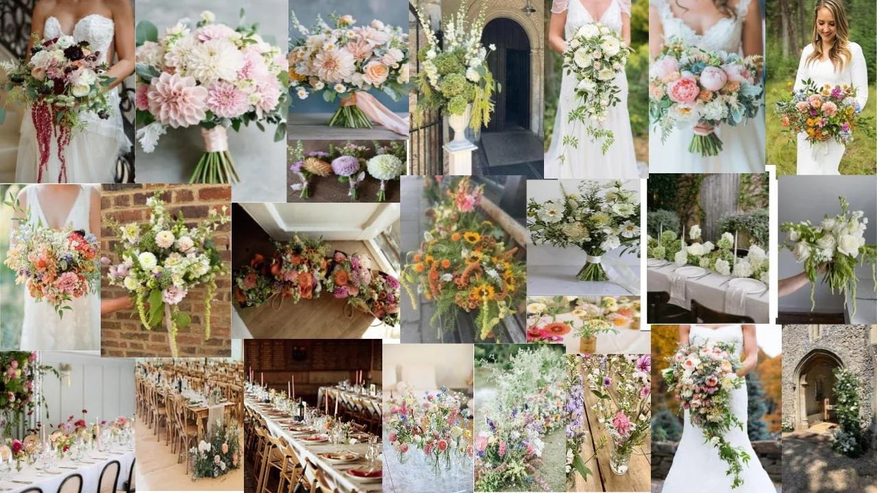 Collage of romantic wedding bouquets, floral arrangements, bridal portraits, and reception decor