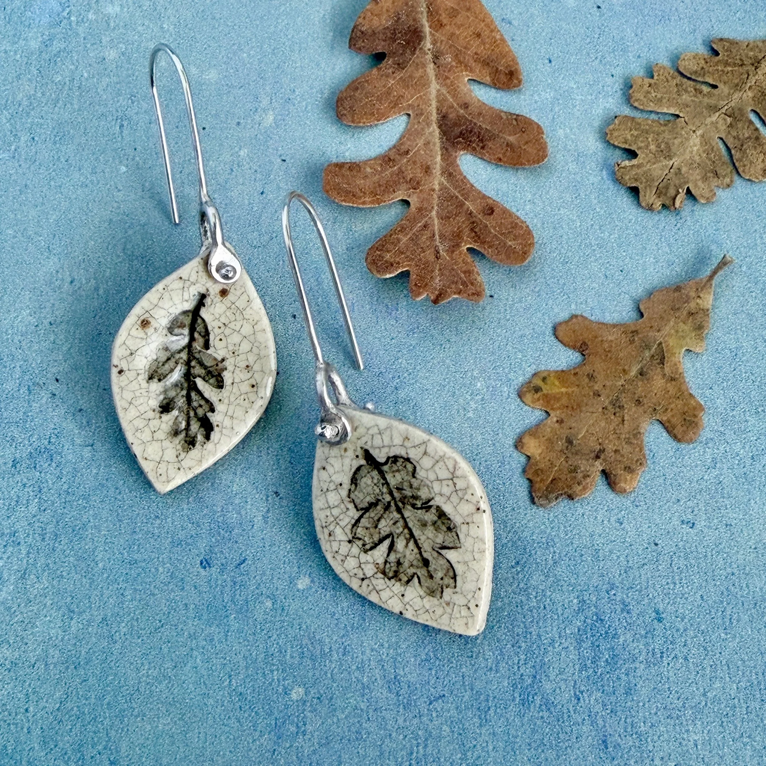 Earrings - sterling silver and ceramic oak leaf impressions