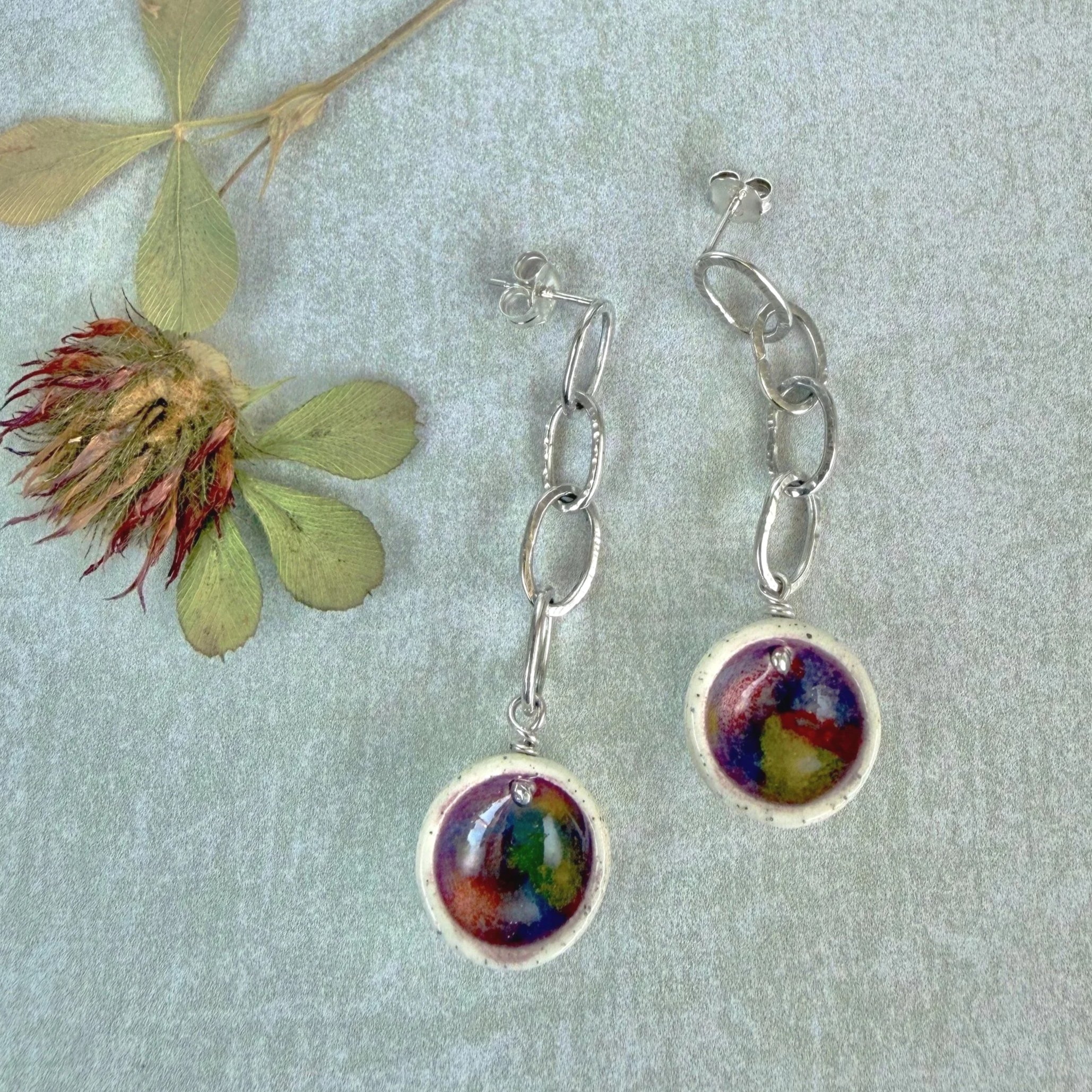 Bloom earrings - multicolor ceramic drop on hand-forged chain
