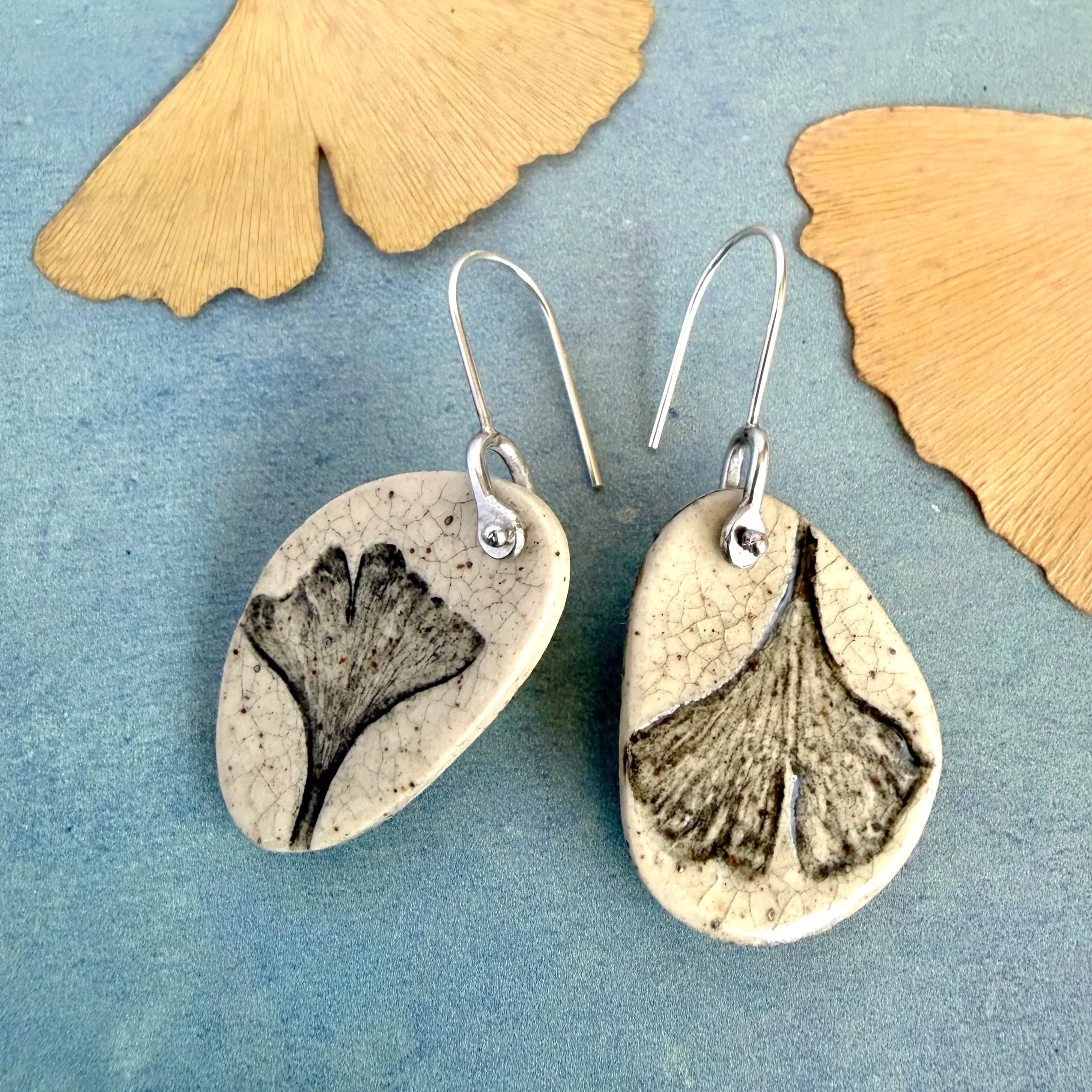 Earrings - sterling silver and ceramic ginkgo leaf impressions