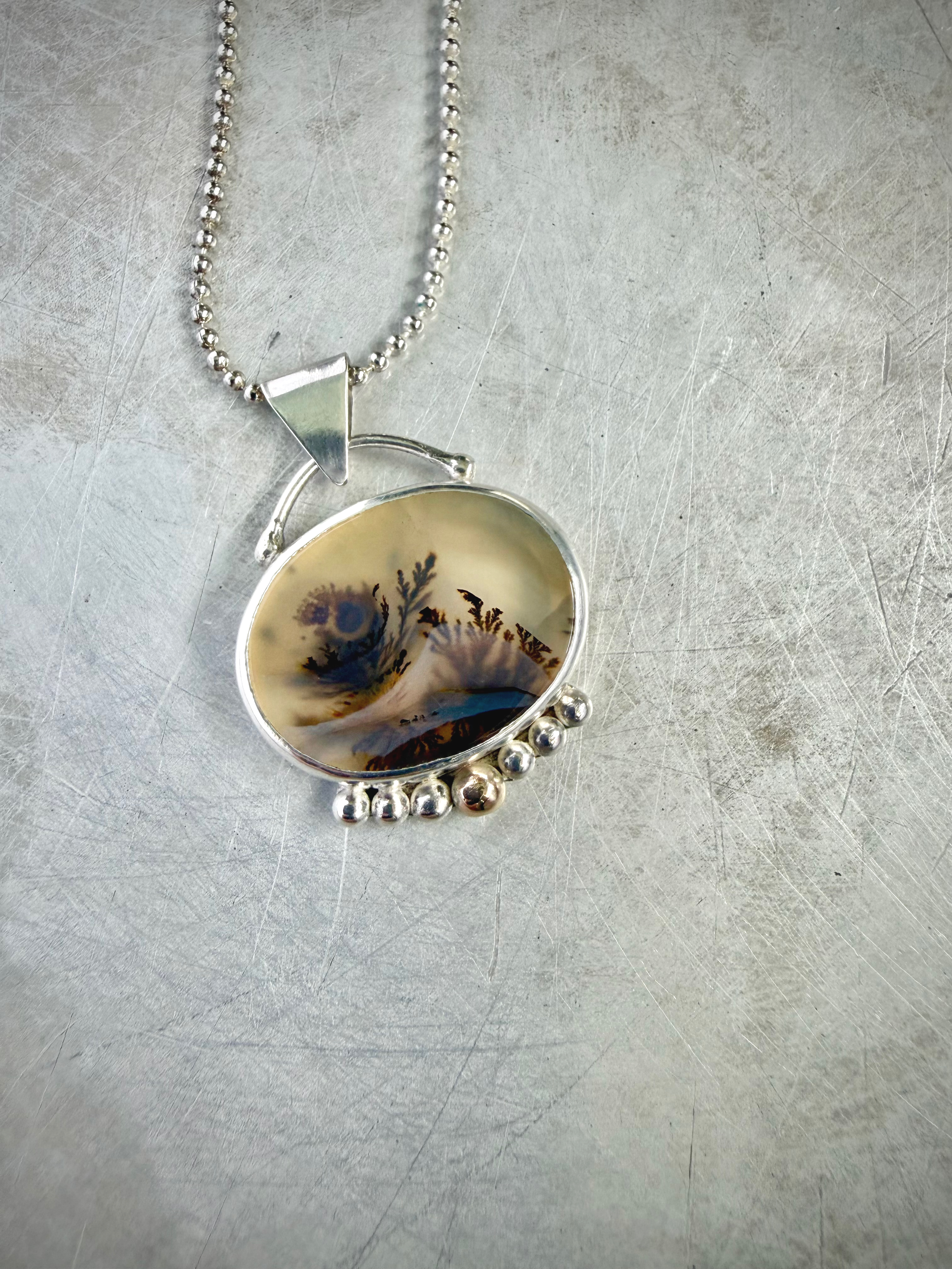 Pendant — Dendritic agate, sterling silver, 9k gold accent