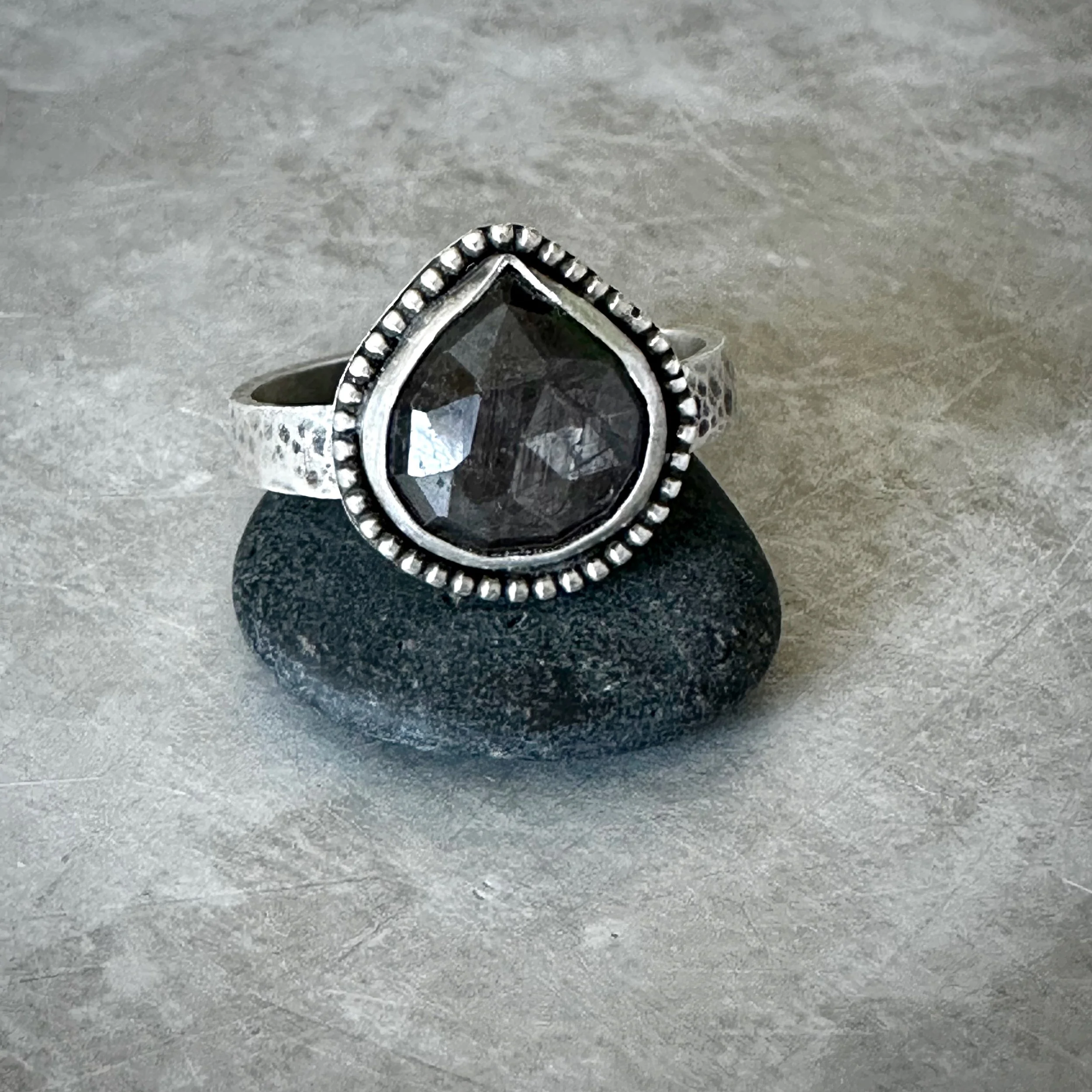 Hammered sterling silver and gray sapphire statement ring