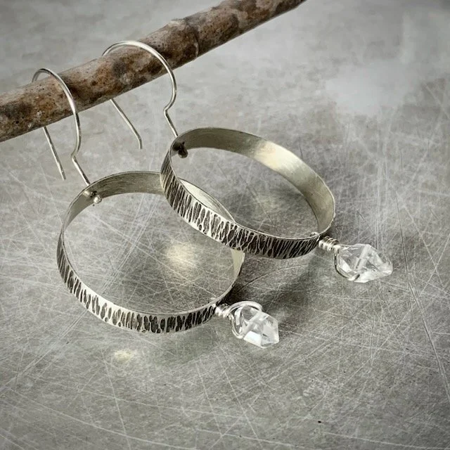 hammered sterling silver and herkimer quartz hoop earrings
