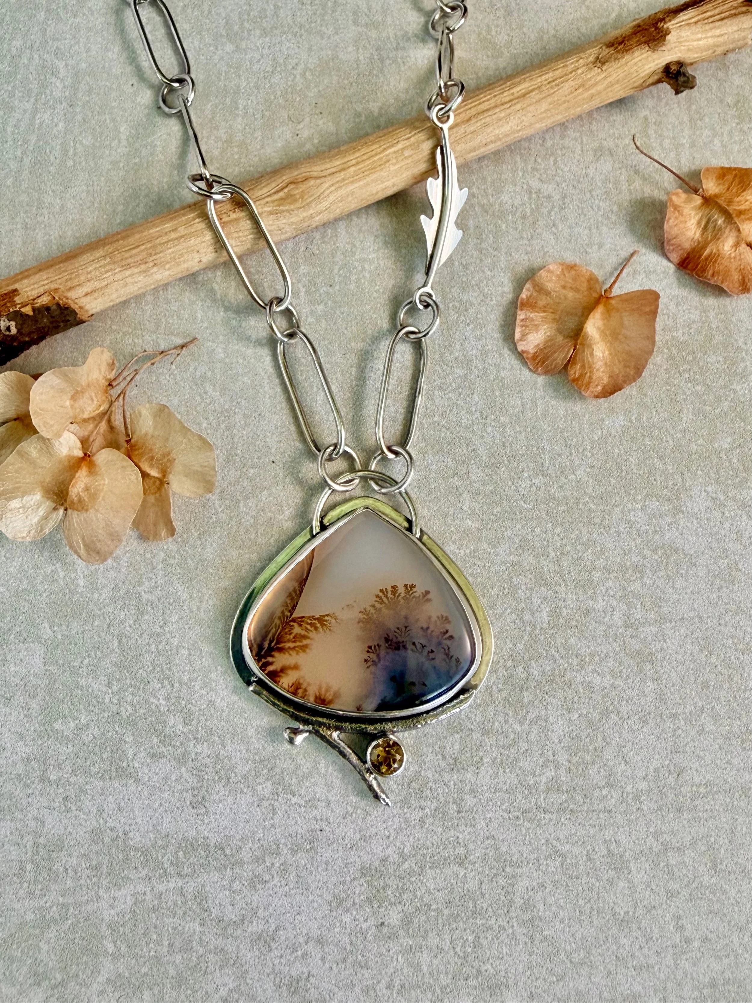 Hand-fabricated silver pendant and chain set with dendritic agate and citrine
