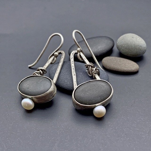 sterling silver and beach pebble drop earrings