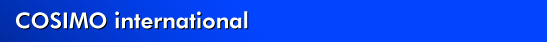 Close-up of a screen displaying the text 'COSMO international' on a blue background.