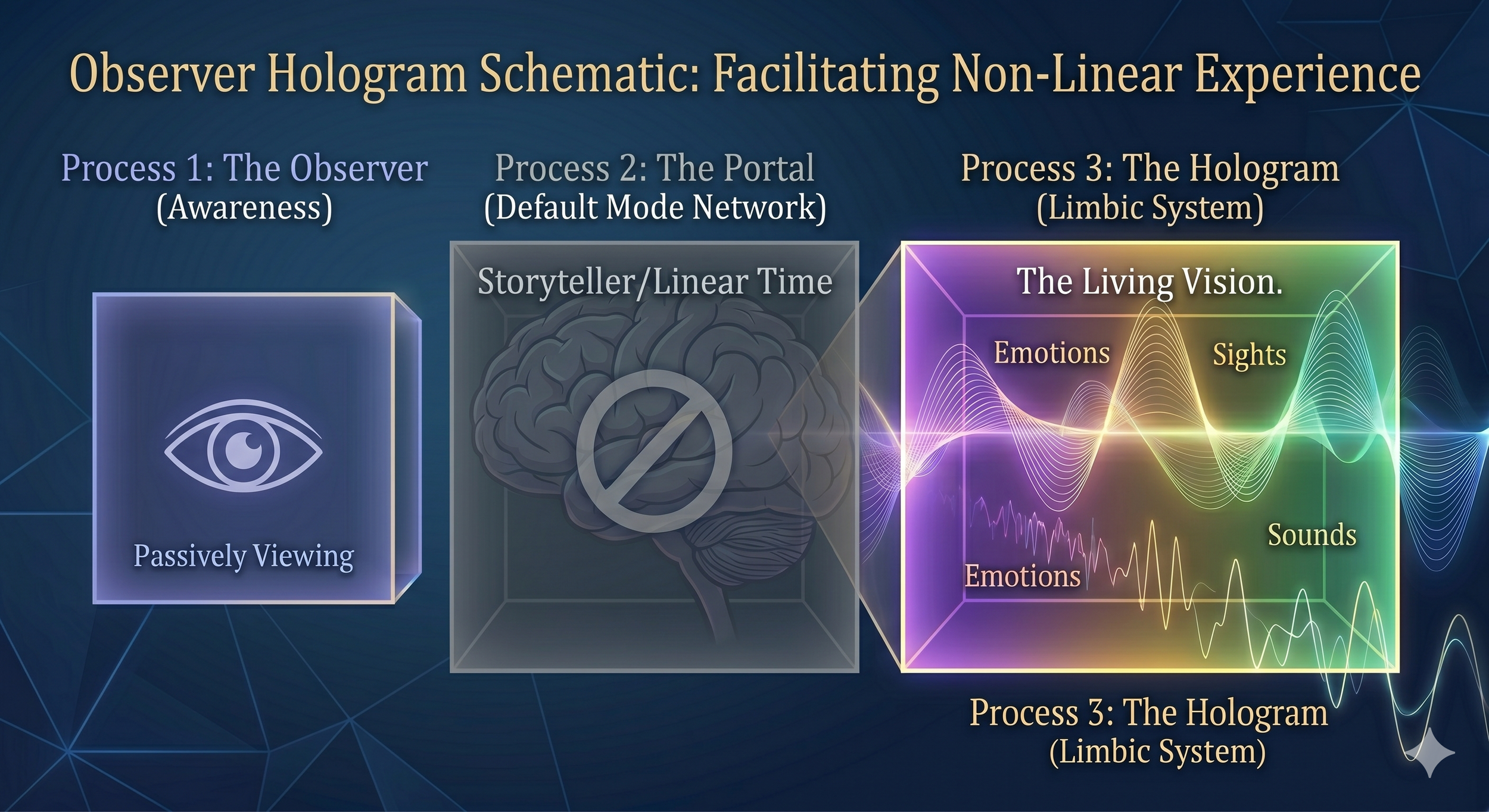 Diagram of Observer Hologram Schematic showing three processes: 1) The Observer, depicted with an eye icon and labeled 'Passively Viewing'; 2) The Portal, depicted with a brain and labeled 'Default Mode Network'; and 3) The Hologram, represented with colorful sound waves, emotions, sights, and the words 'The Living Vision'. The background features a blue geometric pattern.