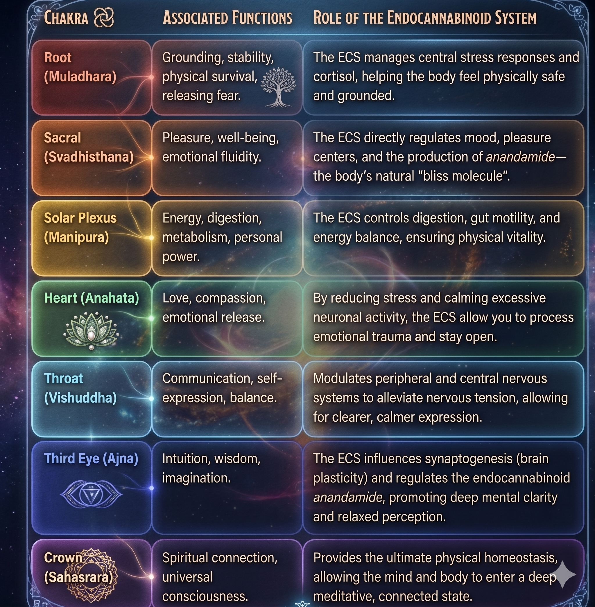 Chart detailing the chakras and their associated functions and roles of the endocannabinoid system: Root chakra (Muladhara) related to grounding, stability, physical survival, and releasing fear; Sacral chakra (Swadhisthana) related to pleasure, well-being, emotional fluidity; Solar Plexus chakra (Manipura) related to energy, digestion, metabolism, personal power; Heart chakra (Anahata) related to love, compassion, emotional release; Throat chakra (Vishuddha) related to communication, self-expression, balance; Third Eye chakra (Ajna) related to intuition, wisdom, imagination; Crown chakra (Sahasrara) related to spiritual connection, universal consciousness. Each has a brief description of its function and the role of the endocannabinoid system.