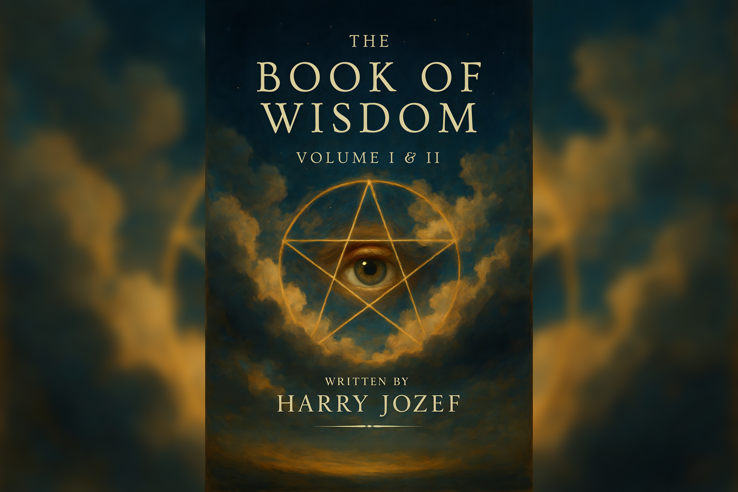 Book cover titled "The Book of Wisdom, Volume I & II" by Harry Jozef, featuring an eye within a pentagram against a cloudy sky background.