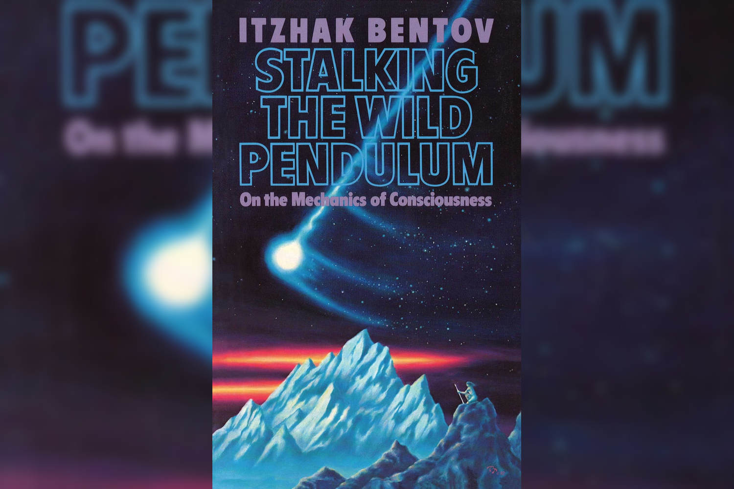 Book cover titled 'Stalking the Wild Pendulum' by Itzhak Bentov, showing a mountain landscape with a person sitting on a peak, starry night sky with cosmic rays and a visible comet.