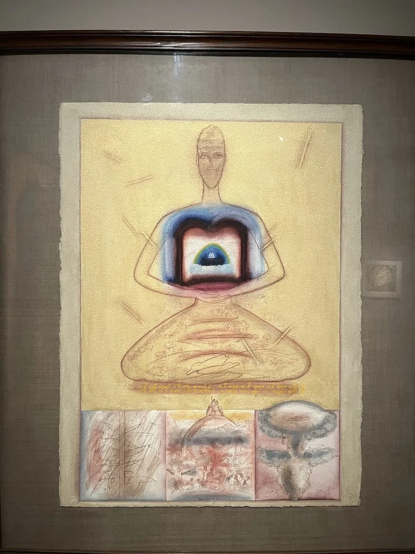 A painting of a meditative woman with a rainbow and mountain inside her chest, sitting cross-legged, with abstract and chaotic sketches at the bottom.