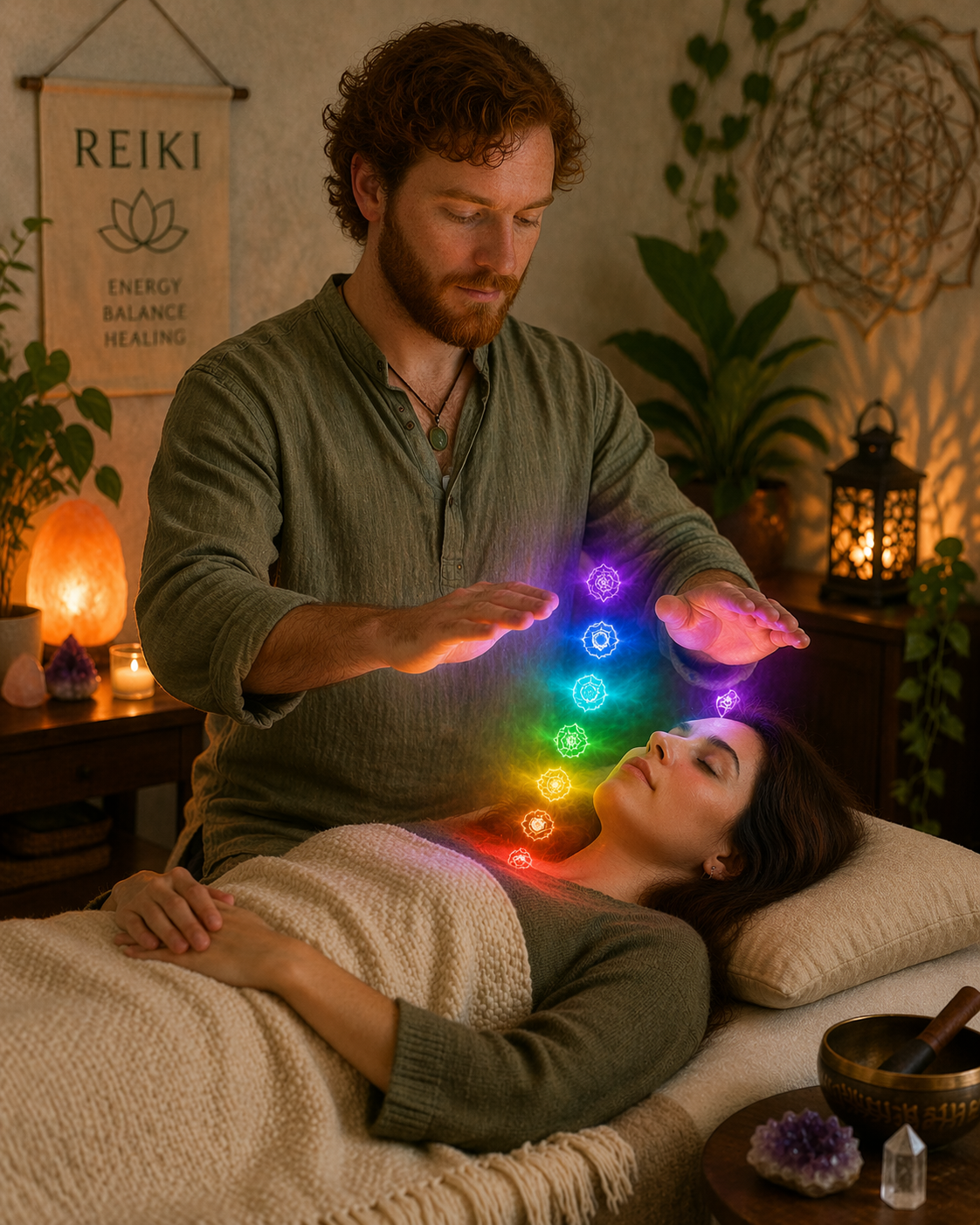 A man performing a Reiki energy healing session on a woman who is lying on a massage table with colorful chakra symbols above her body, in a serene, warmly lit room decorated with plants, candles, and wellness decor.