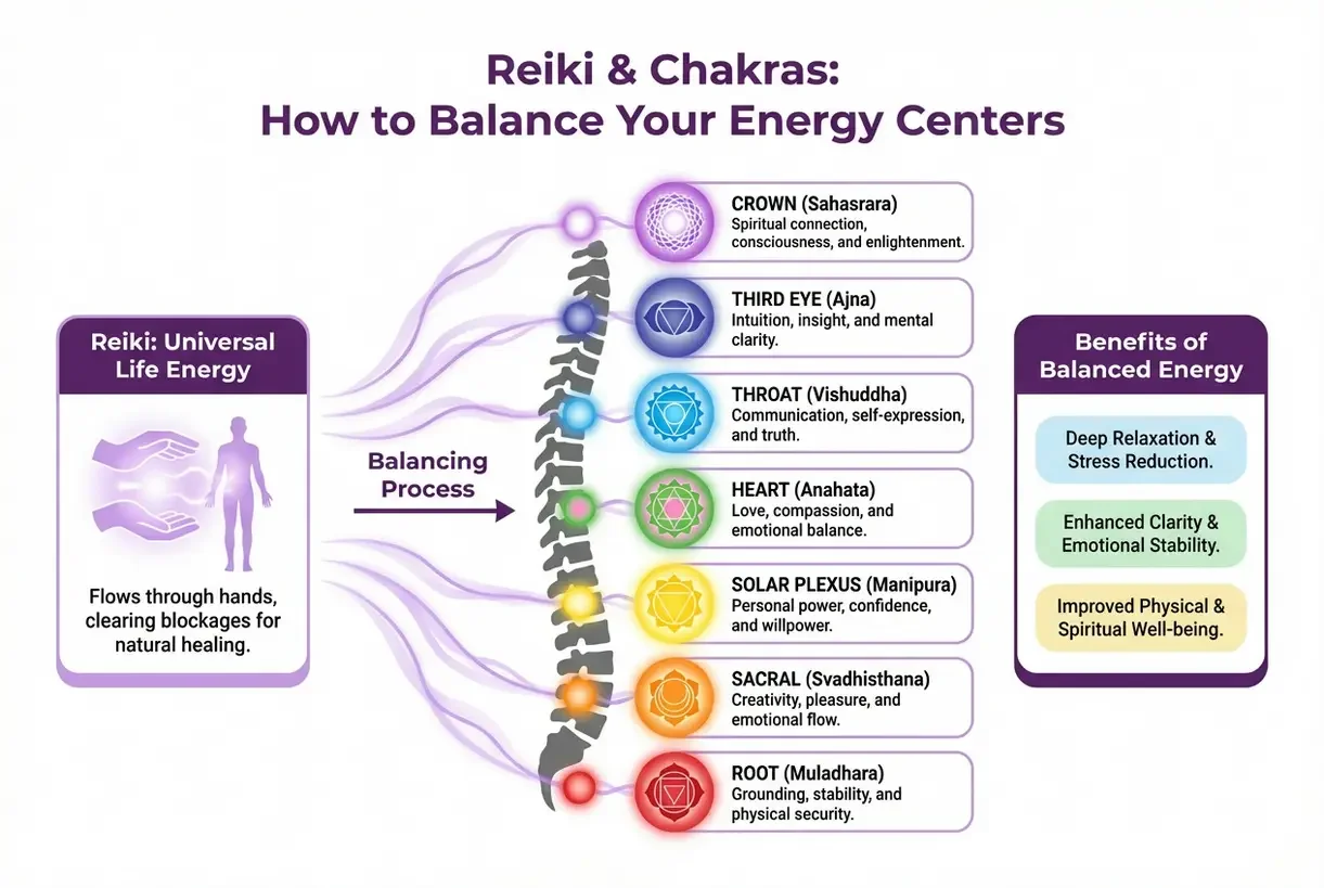 Diagram showing how to balance your energy centers with Reiki and Chakras. It features seven energy centers from the root to the crown, each with a description of their function. Benefits of balanced energy include deep relaxation, stress reduction, 