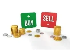 Stacked gold and silver coins with green 'BUY' and red 'SELL' signs.