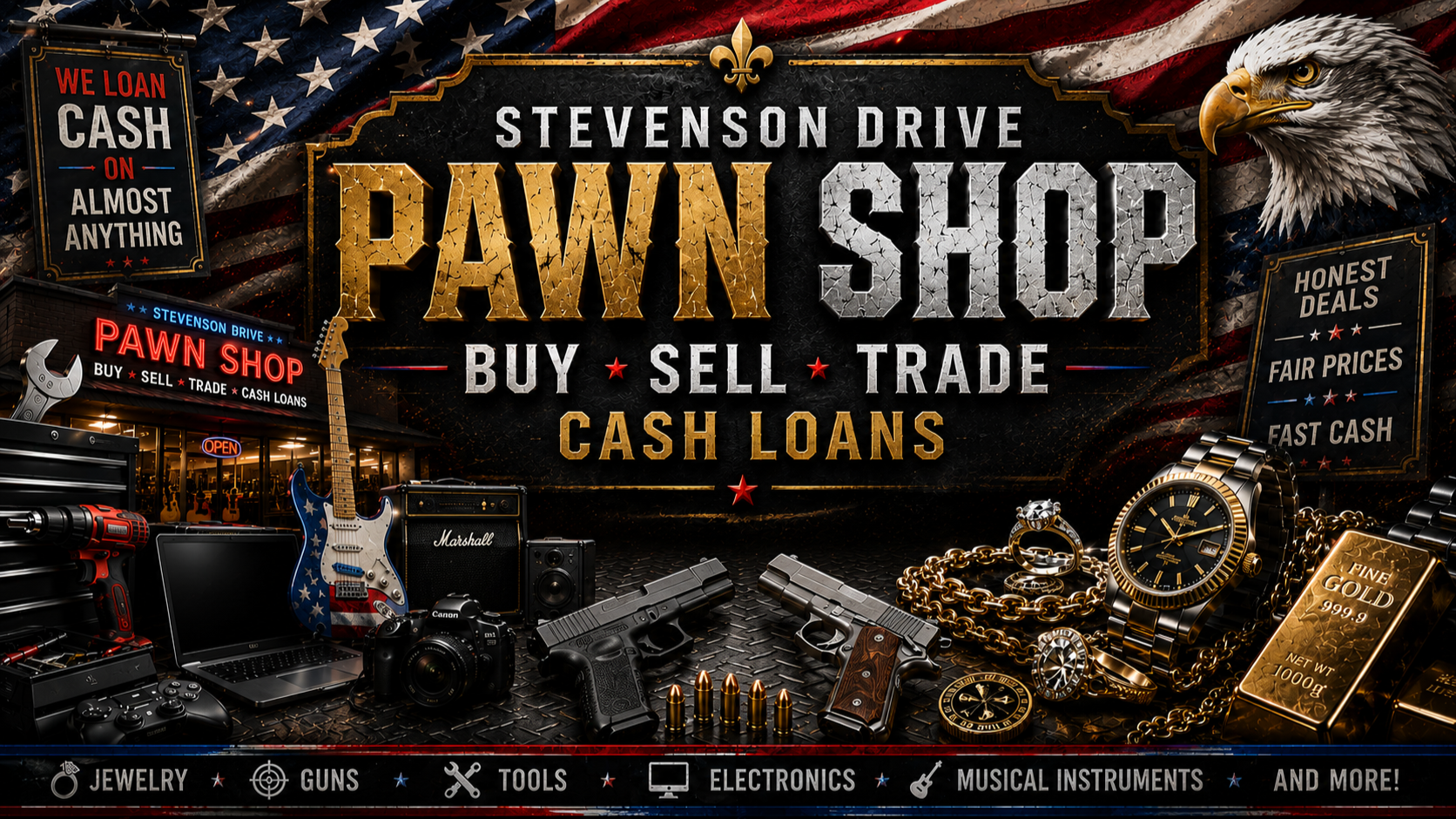 A promotional banner for Stevenson Drive Pawn Shop displaying items for sale including guns, jewelry, electronics, musical instruments, and tools. The background features an American flag with eagle imagery, and text highlights services like buy, sell, trade, and cash loans.