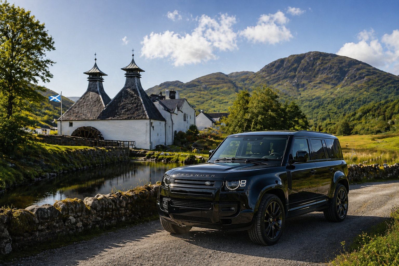 A black Land Rover Defender parked on a dirt road beside a small pond, with a traditional Scottish white stone building with dark roof peaks and a Scottish flag in the background, surrounded by green hills and mountains under a partly cloudy sky.