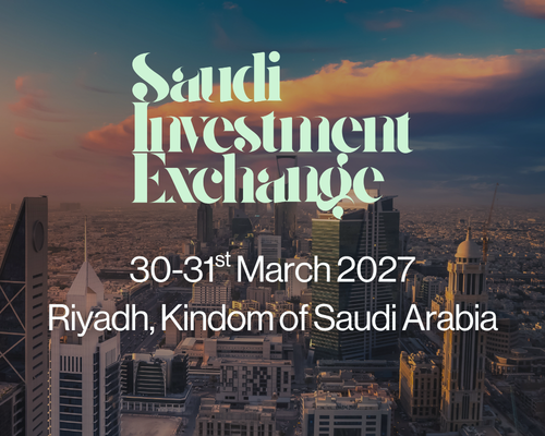 Nighttime view of Riyadh, Saudi Arabia, with a tall skyscraper featuring a red frame at the top. Overlaid text announces the Saudi Alternatives Exchange event on November 25, 2026.