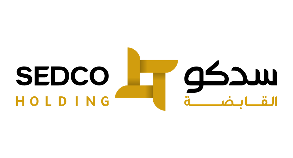 Gold logo with Arabic and English text reading 'Holding' and an Arabic word, with a stylized geometric design in the center.