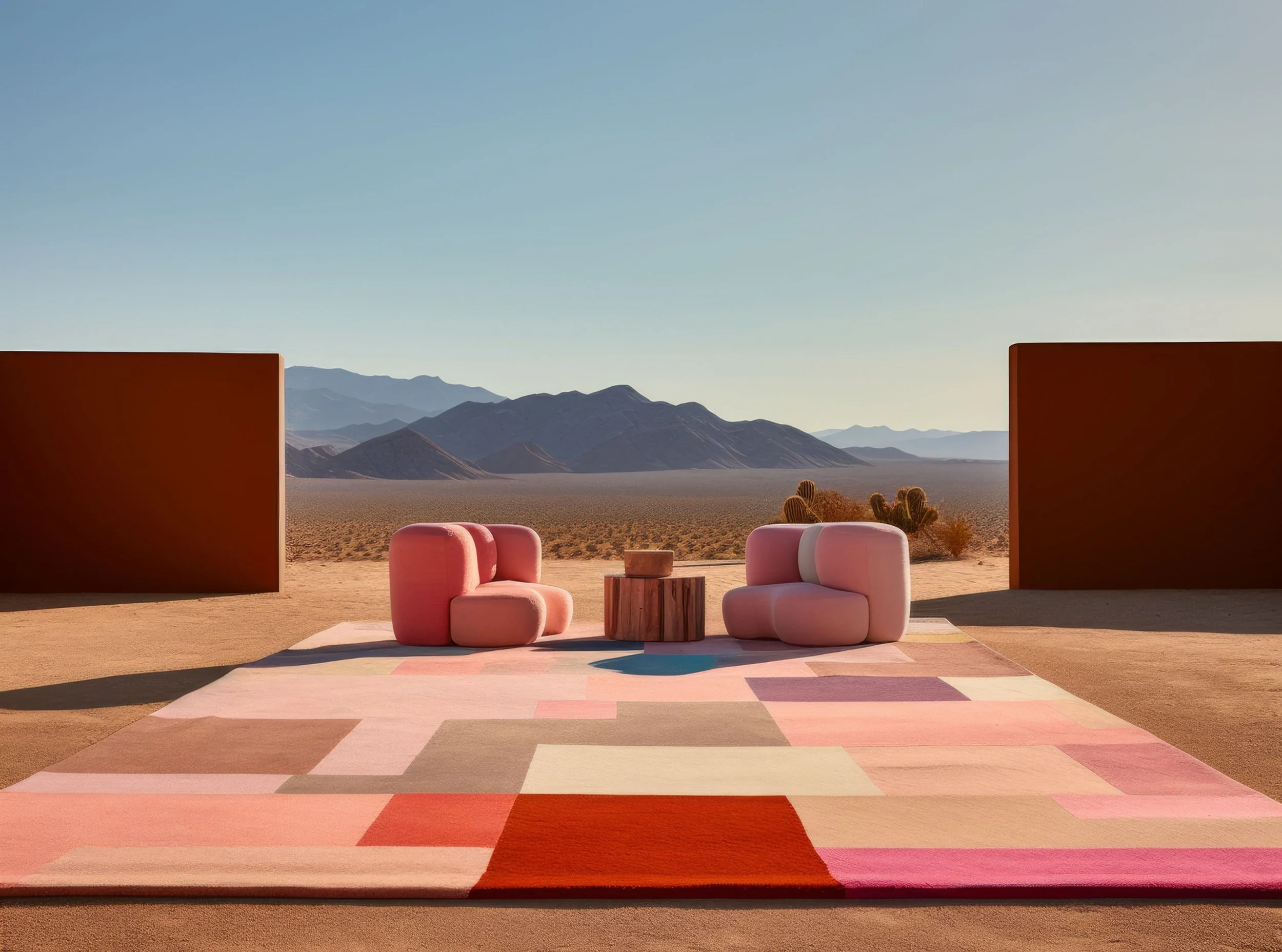 Outdoor seating area with pink and beige furniture, a wooden side table, colorful geometric rug, desert landscape with mountains, cacti, and a clear sky in the background.