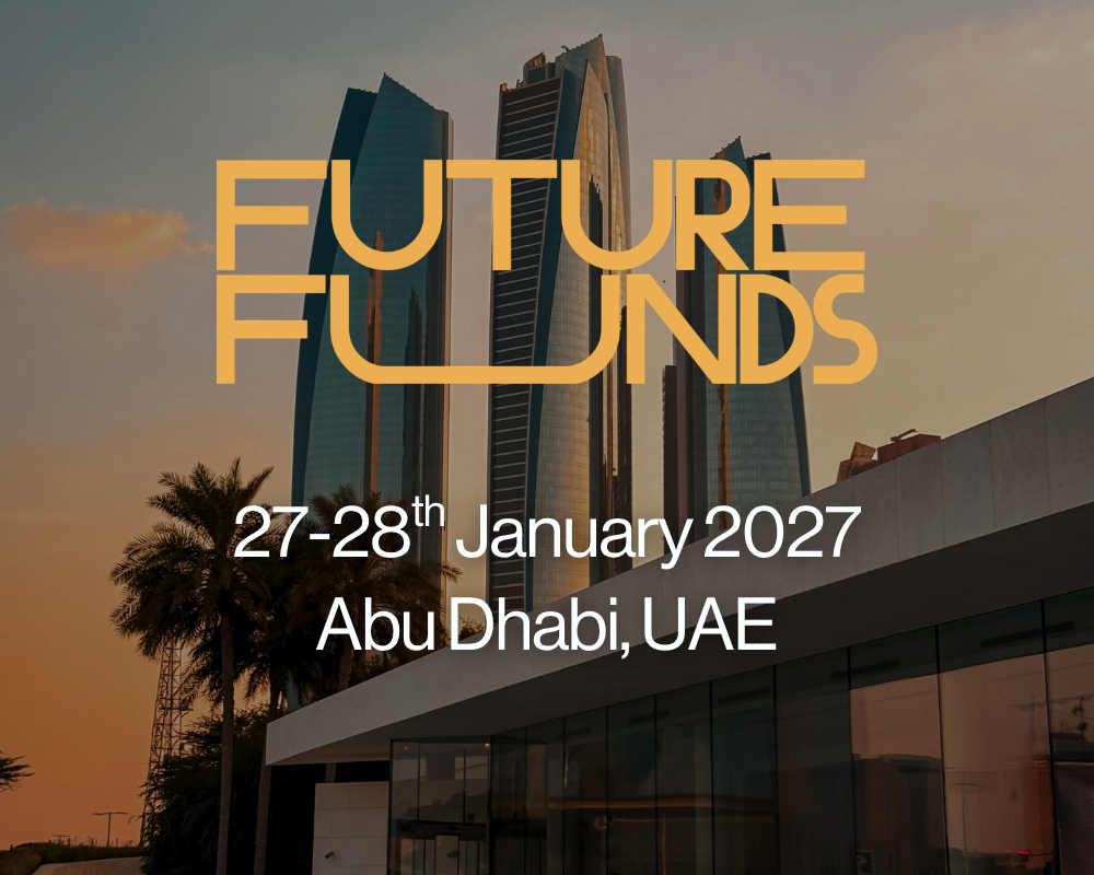 Event poster for 'Future Funds' on January 28, 2026, in Abu Dhabi, UAE, featuring a modern cityscape at sunset with tall skyscrapers and palm trees.