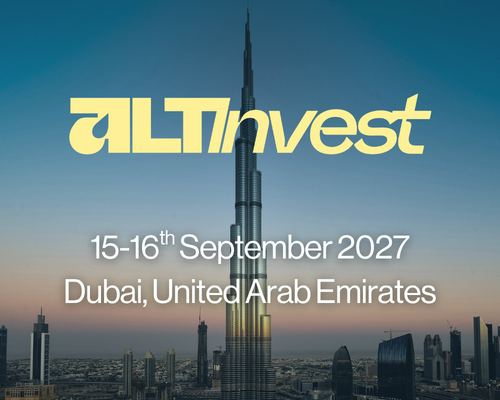 Event poster for ALTInvest on September 16th, 2026, in Dubai, UAE, featuring the Burj Khalifa skyscraper against a sunset sky.