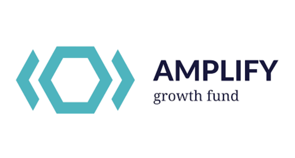 Logo of Amplify Growth Fund with blue geometric design and text.