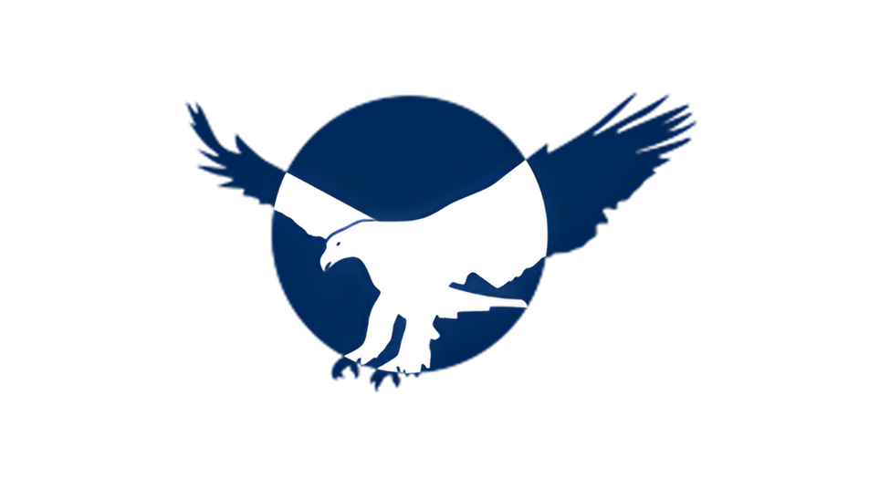 Logo of a bird with outstretched wings inside a dark blue circle, set against a black background.